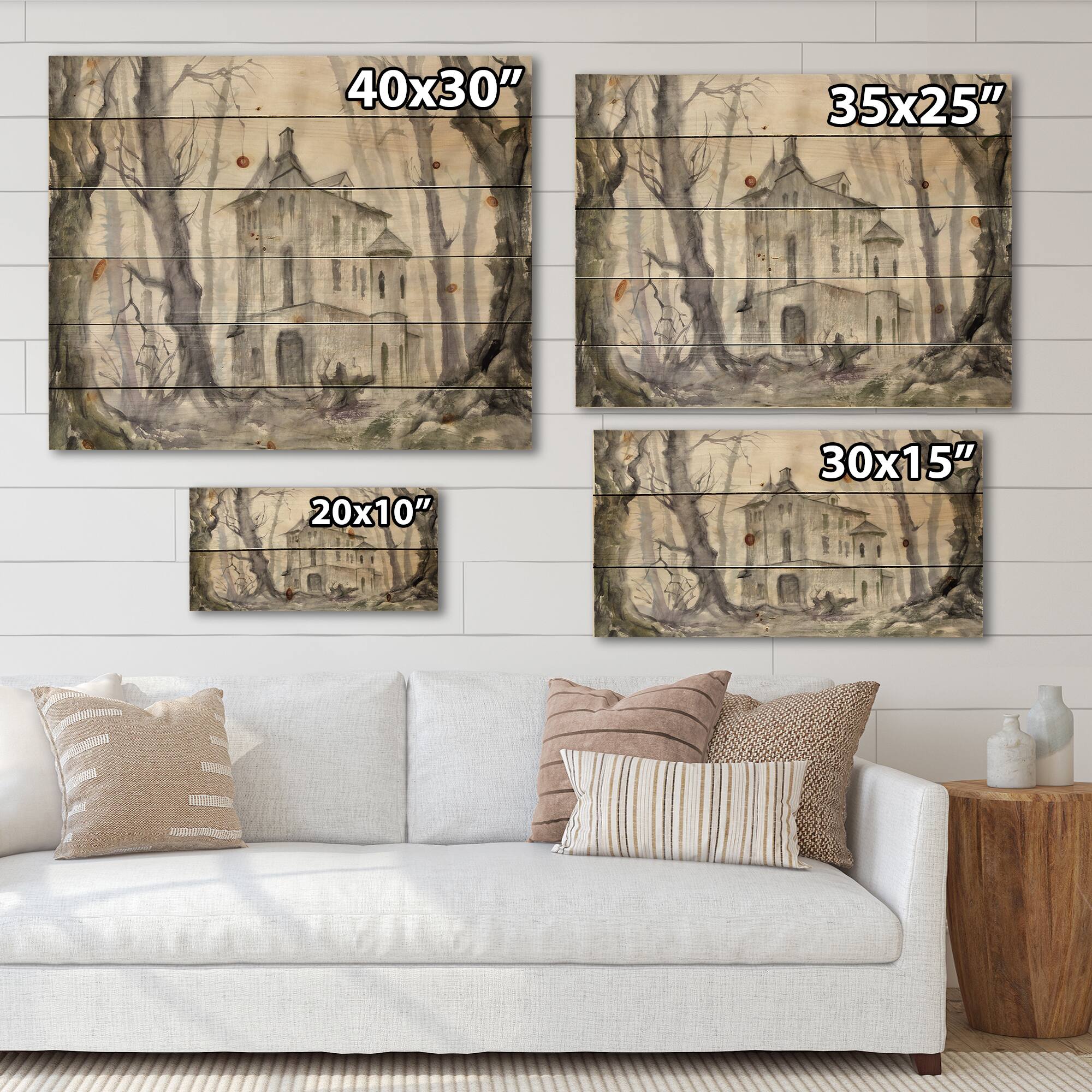 Designart - Haunted Castle In The Woods - Traditional Print on Natural Pine Wood