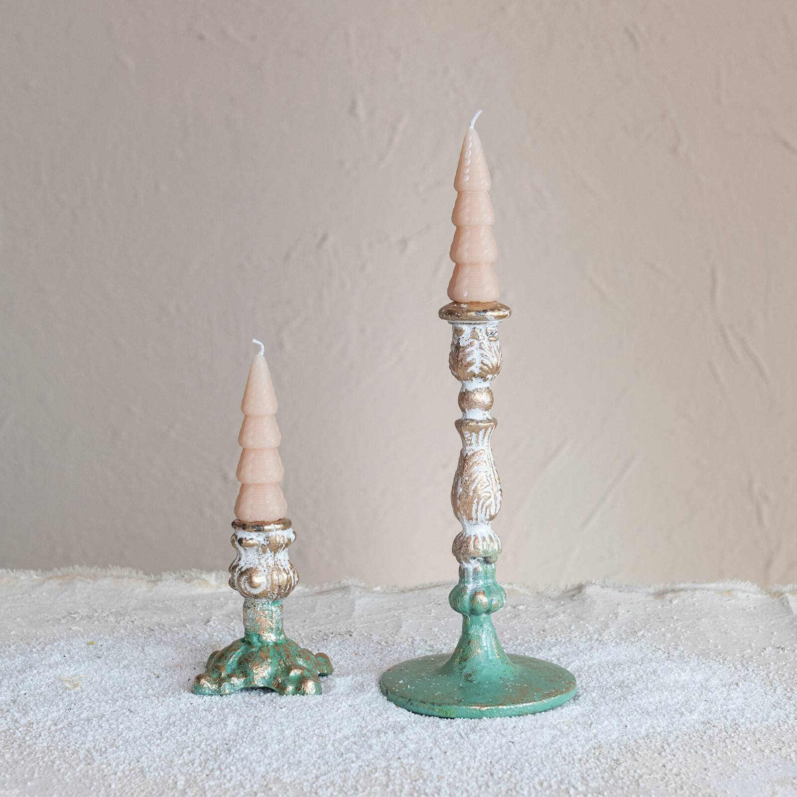 Hello Honey® 9.25" Green, Gold and Cream Distressed Cast Metal Taper Candleholder