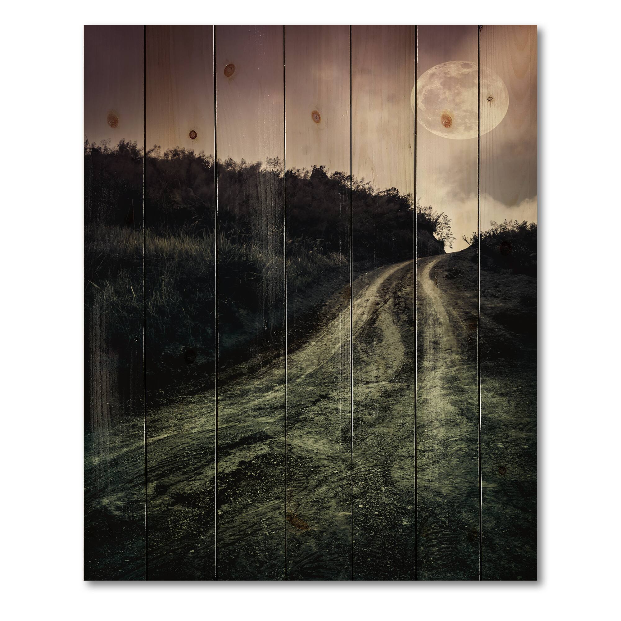 Designart - Muddy Road Under Full Moon - Modern Print on Natural Pine Wood