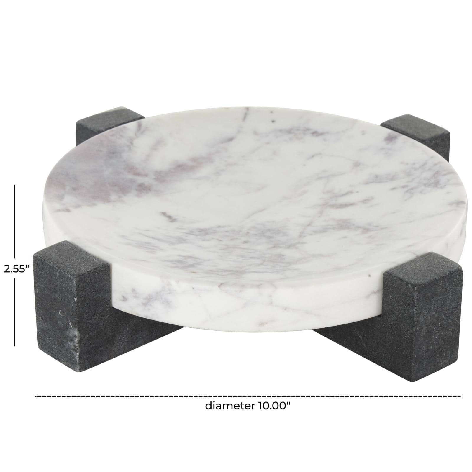 10" x 10" White with Black X-Shaped Base Marble Geometric Round Tray