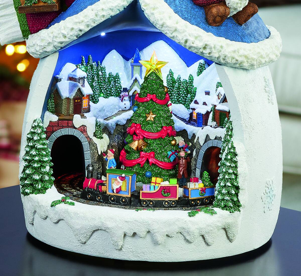 Moments in Time 18.7” Animated Snowman with Christmas Village Train Scene Décor