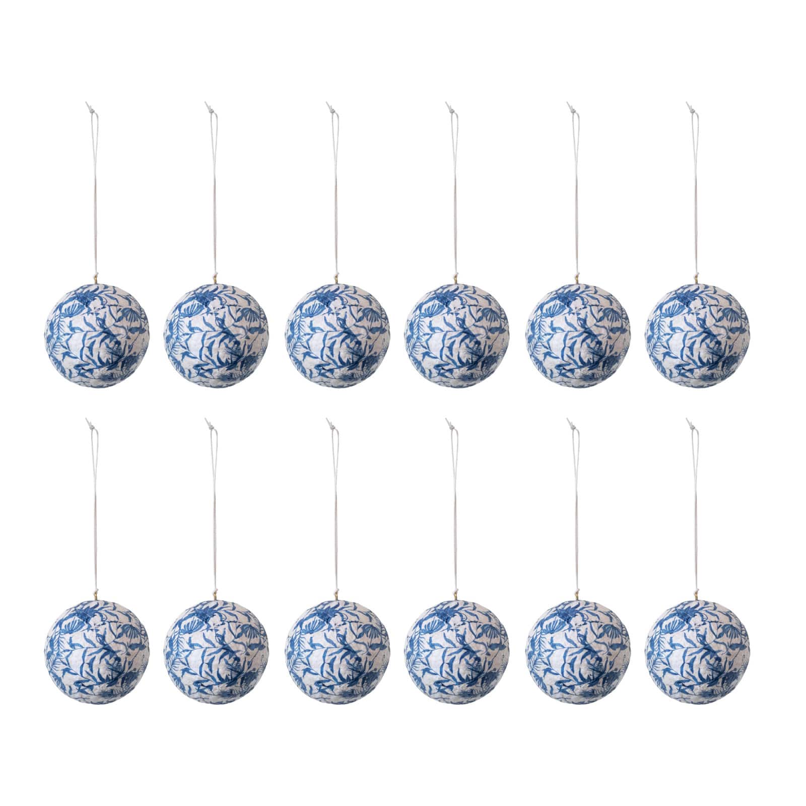 Hello Honey® 12 Pack 3" Blue & Cream Round Printed Paper Mache Ball Ornaments with Flowers & Peacock Feather Design