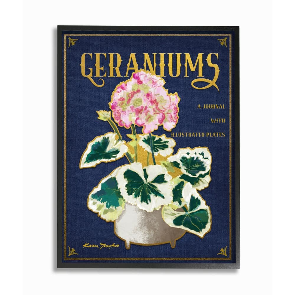 Stupell Industries Geraniums Blue Gold Flower Word Design in Frame Wall Art