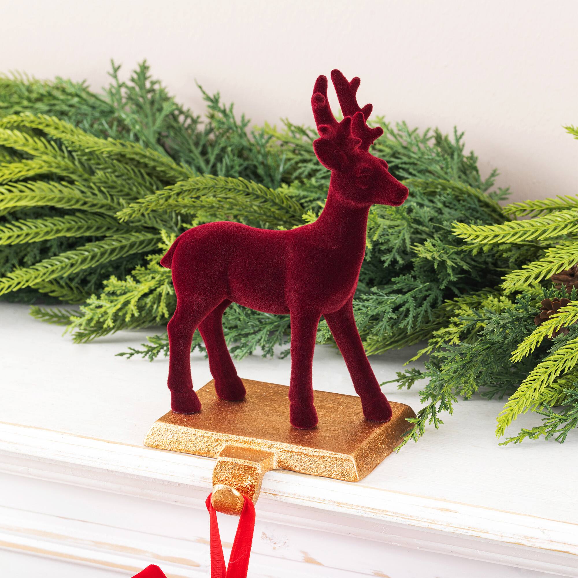 Glitzhome® Set of 2 Flocked Burgundy Resin Standing & Sitting Reindeer Stocking Holders