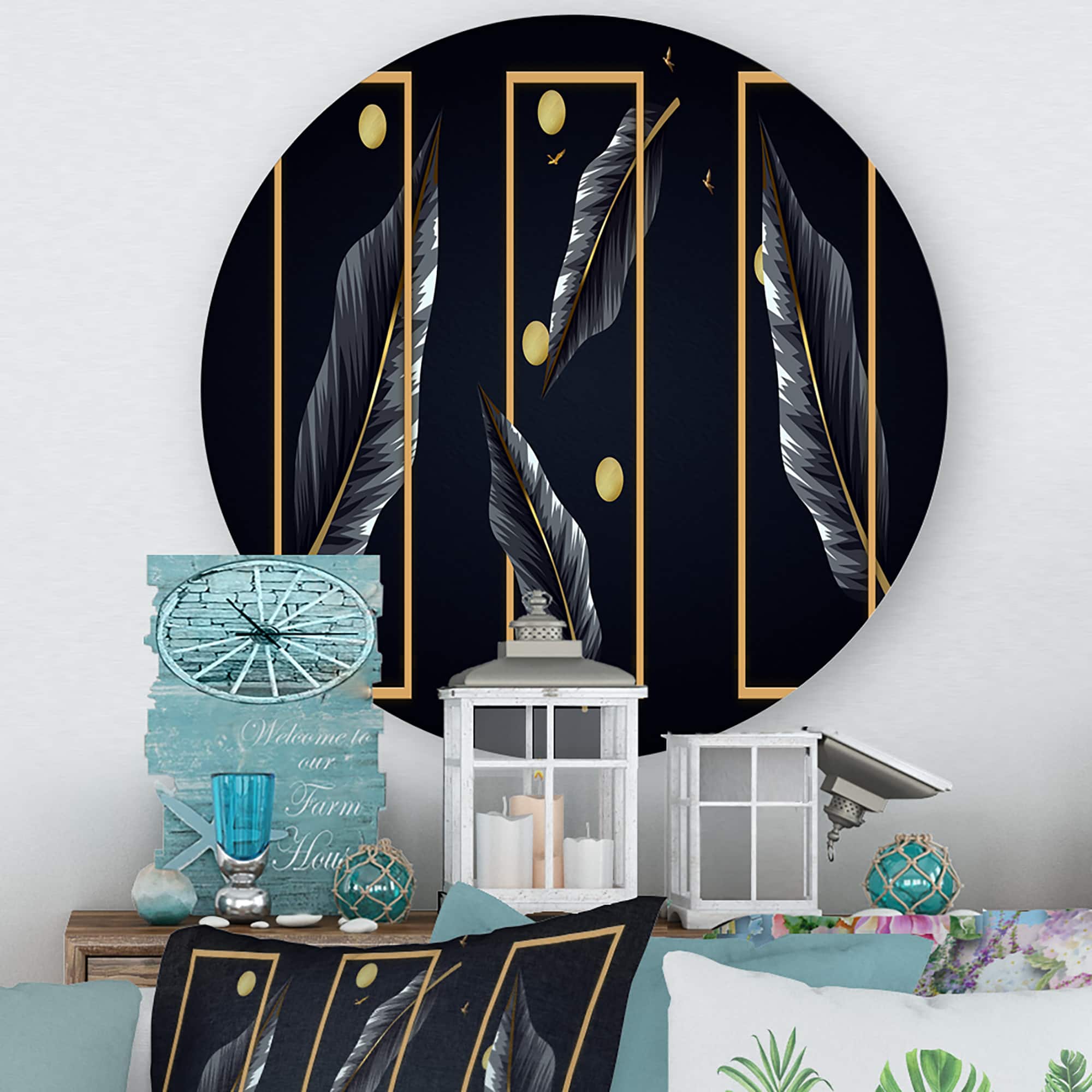 Designart - Black Tropical Leaves With Golden Rectangles