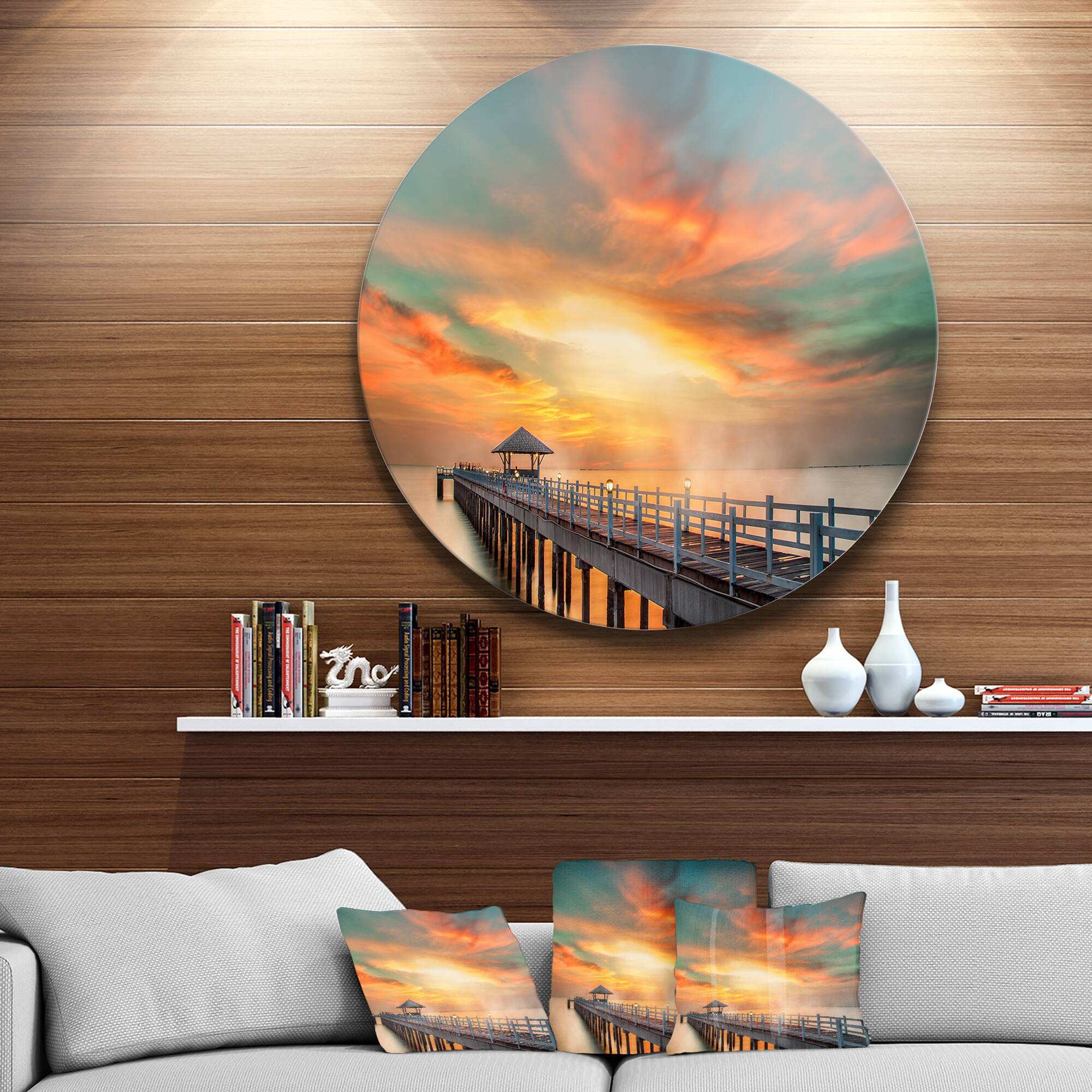 Designart - Wooden Pier' Landscape Photo Circle Metal Wall Art