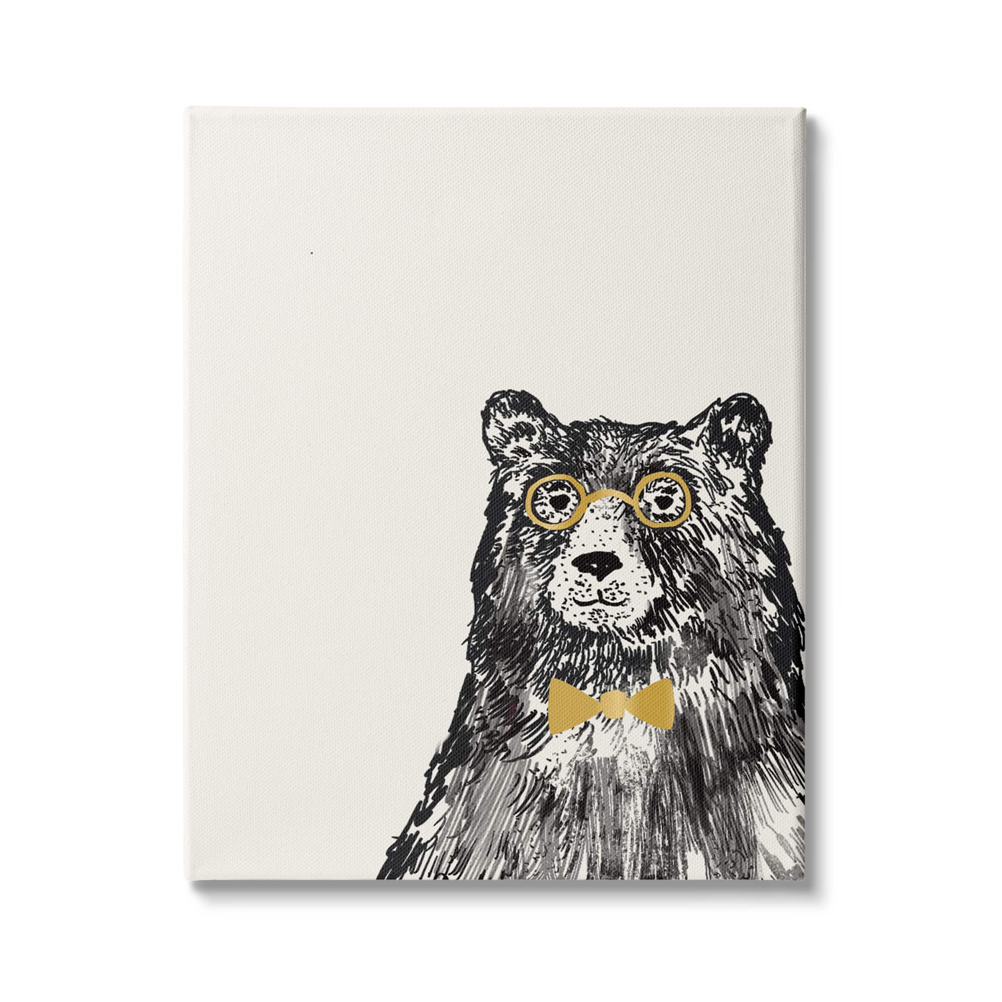 Stupell Industries Black Bear Golden Glasses Bow Tie Kids' Animal Canvas Wall Art