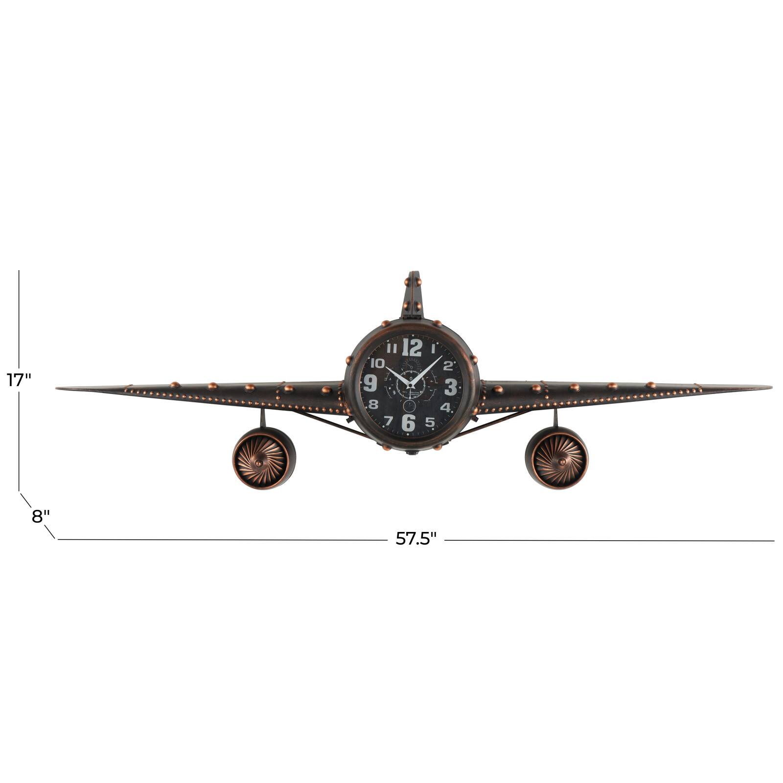 17" Dark Brown Metal Airplane Decorative Wall Clock with Copper Accents