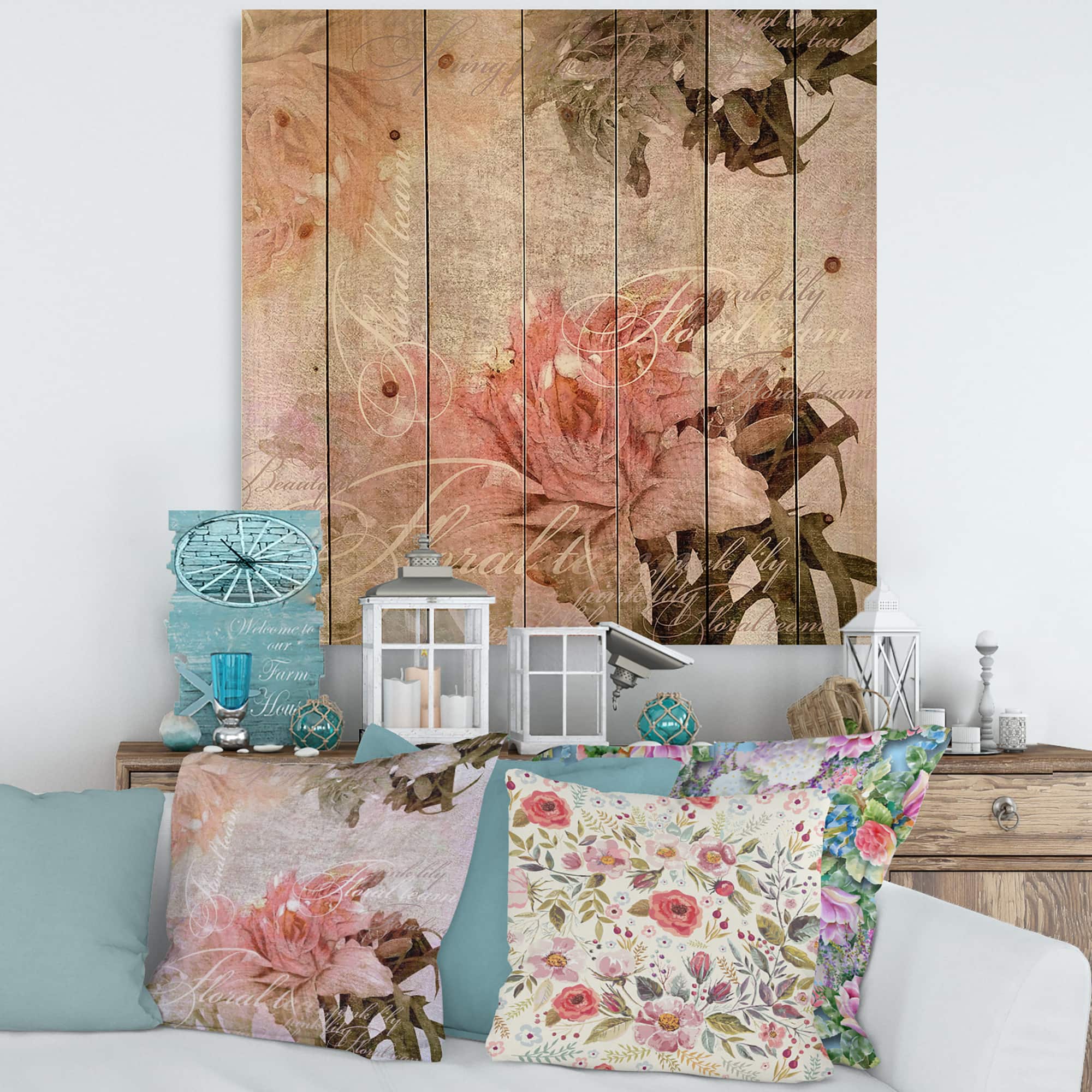 Designart - Vintage Flowers In Pastel Colours - Traditional Print on Natural Pine Wood