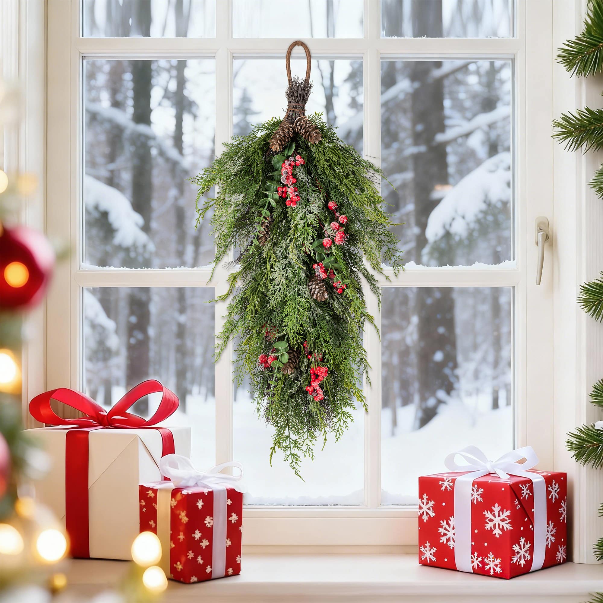 Glitzhome® 31.5" Christmas Greenery Frosted PE Teardrop with Pinecones & Red Berries