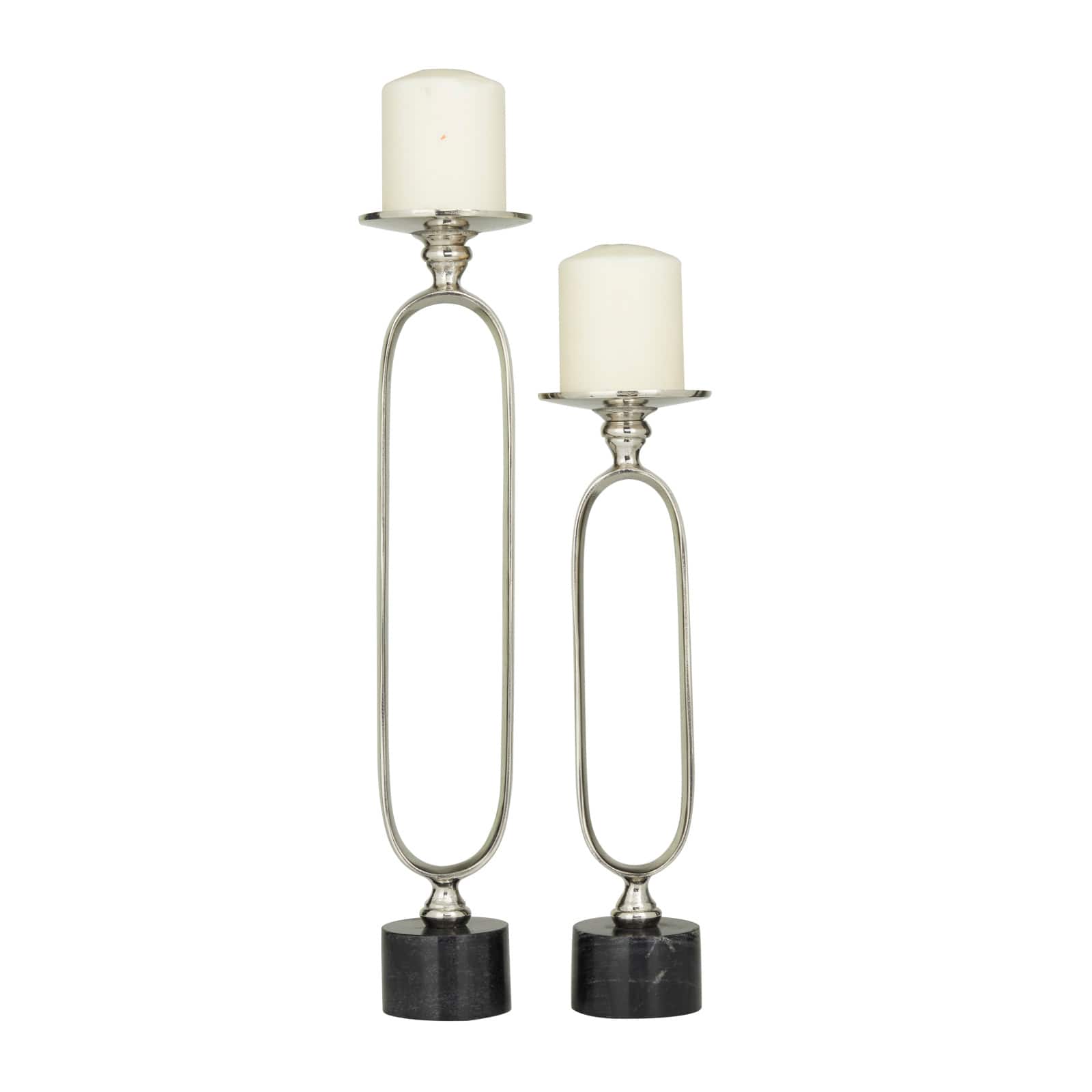 Silver Aluminum Modern Candle Holder Set, 15'' & 19''