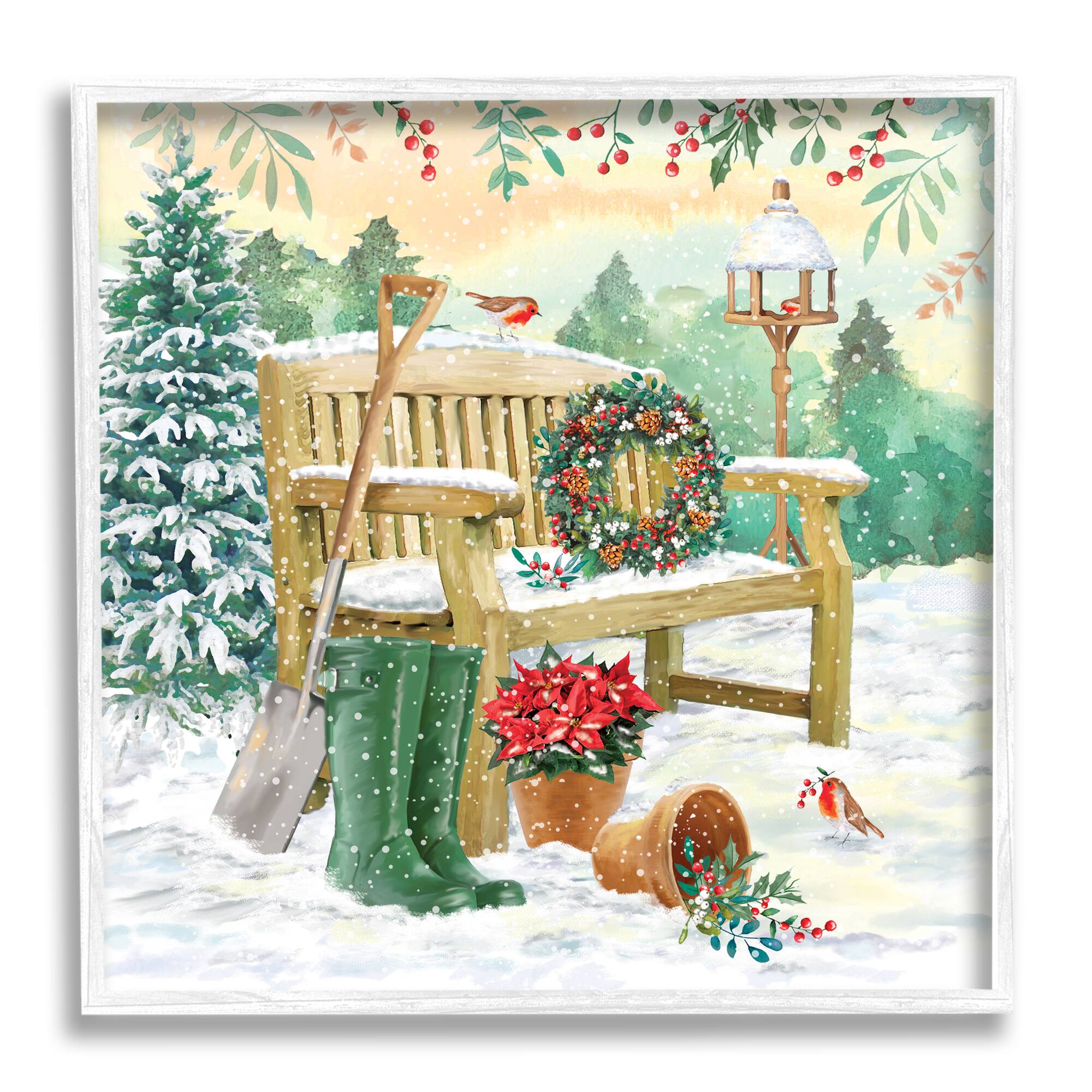 Stupell Industries Snowy Bench Seasonal Holly Plants Framed Giclee Art