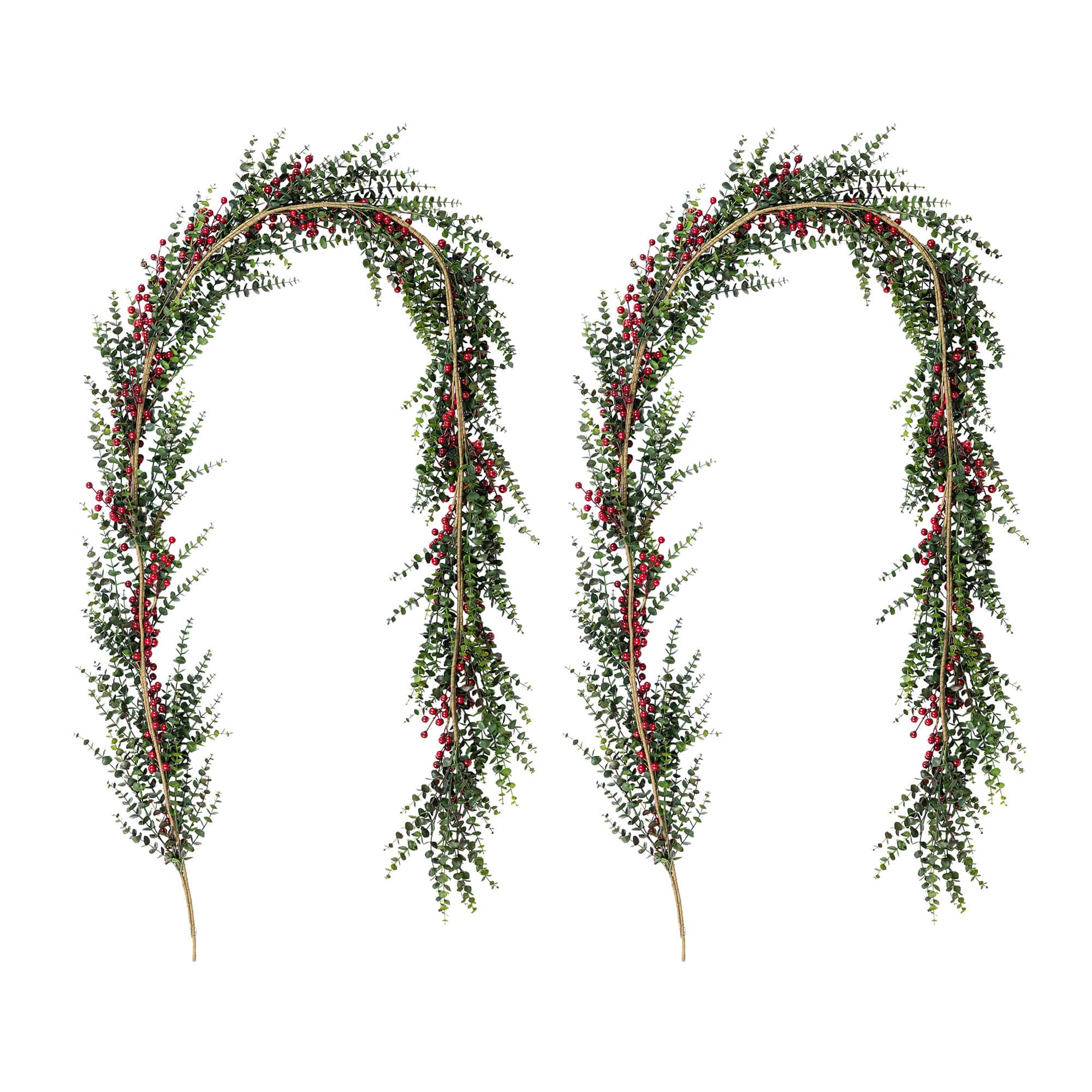 Glitzhome® 9ft. Christmas Greenery PE Dripping Eucalyptus Garland with Red Berries, Set of 2