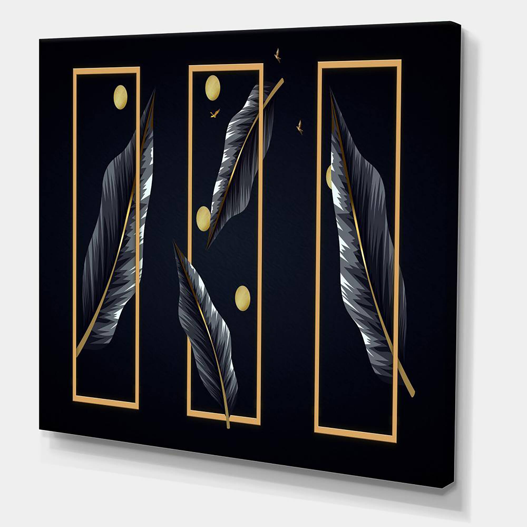 Designart - Black Tropical Leaves With Golden Rectangles