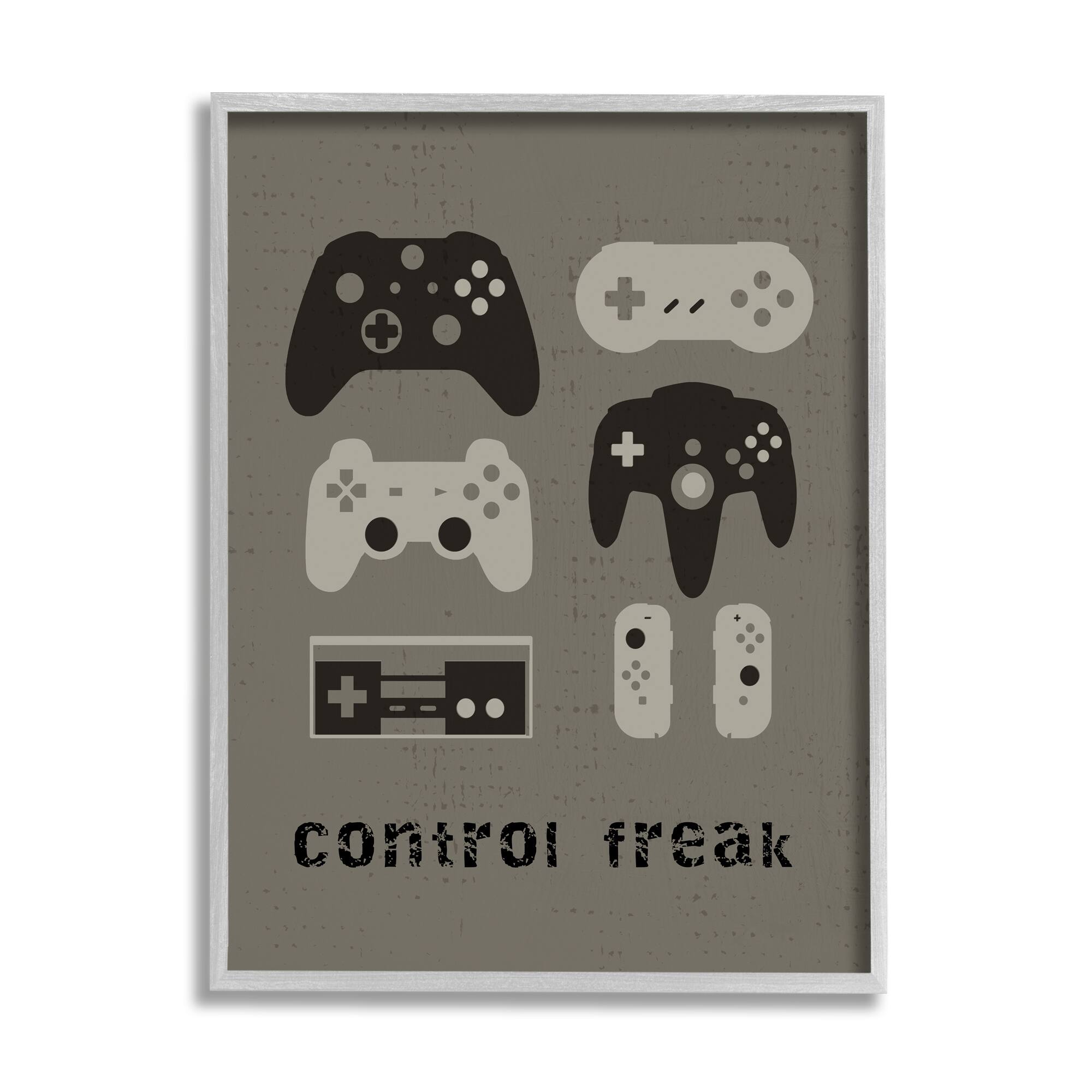 Stupell Industries Control Freak Distressed Pattern Black Grey Controllers in Frame Wall Art