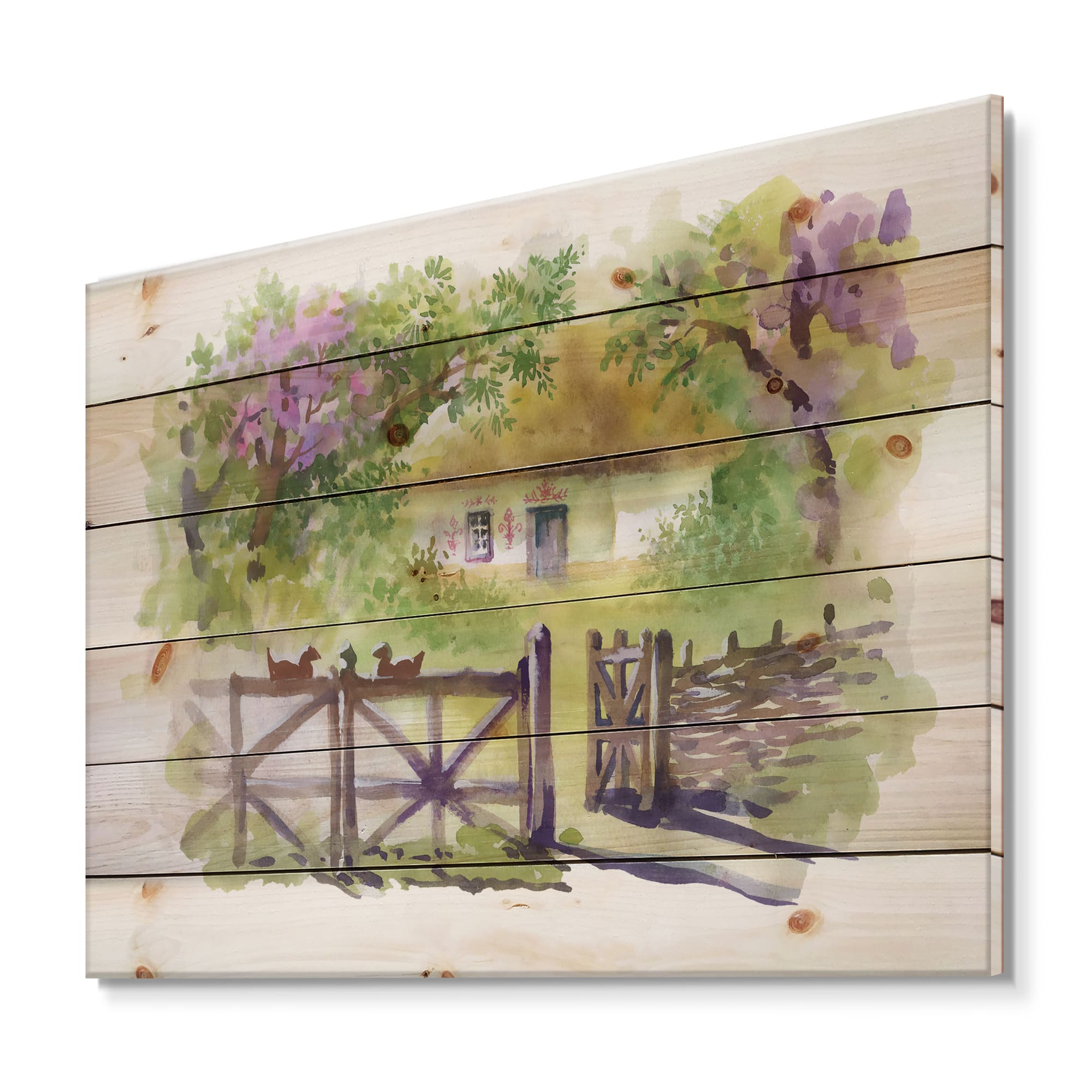 Designart - Painting Of Rustic Cottage In The Woods - Traditional Print on Natural Pine Wood