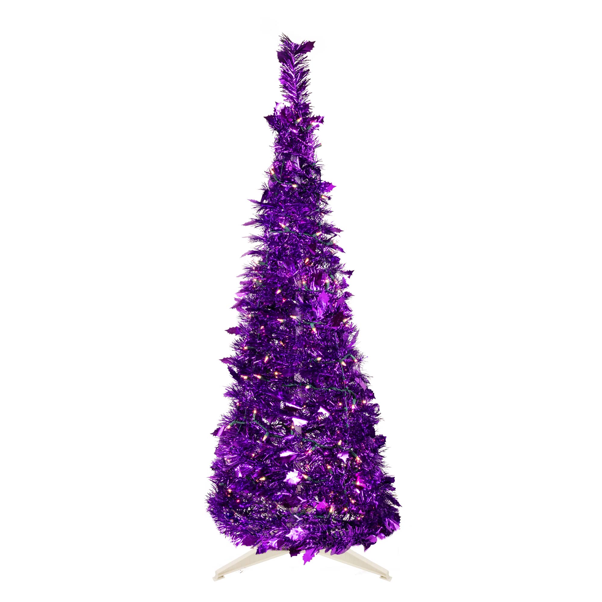 6ft. Pre-Lit Purple Tinsel Pop-Up Artificial Christmas Tree, Clear Lights