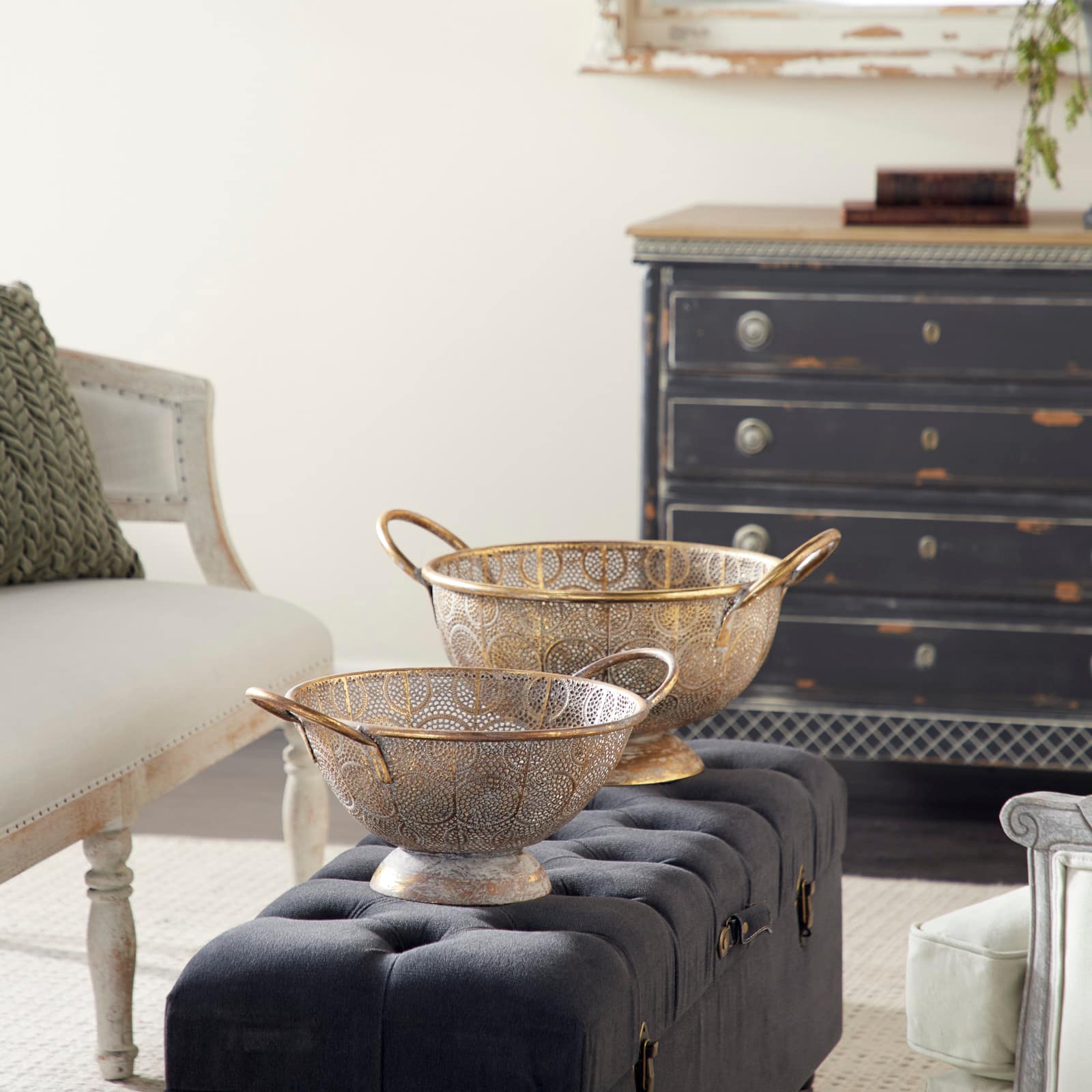 21" & 19" Gold Metal Eclectic Decorative Bowl Set
