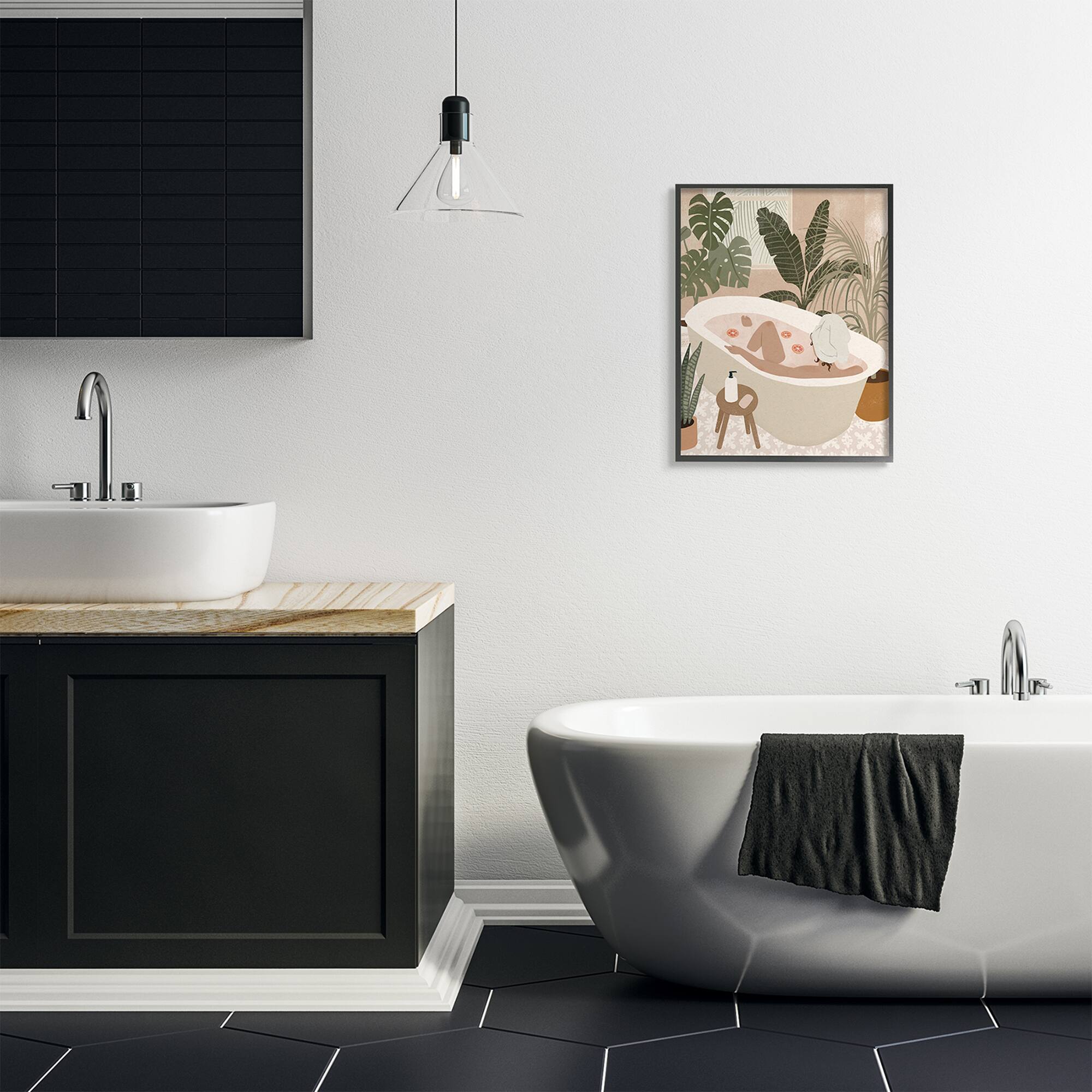 Stupell Industries Female Fruit Bath Tropical Palm Plants in Black Frame Wall Art