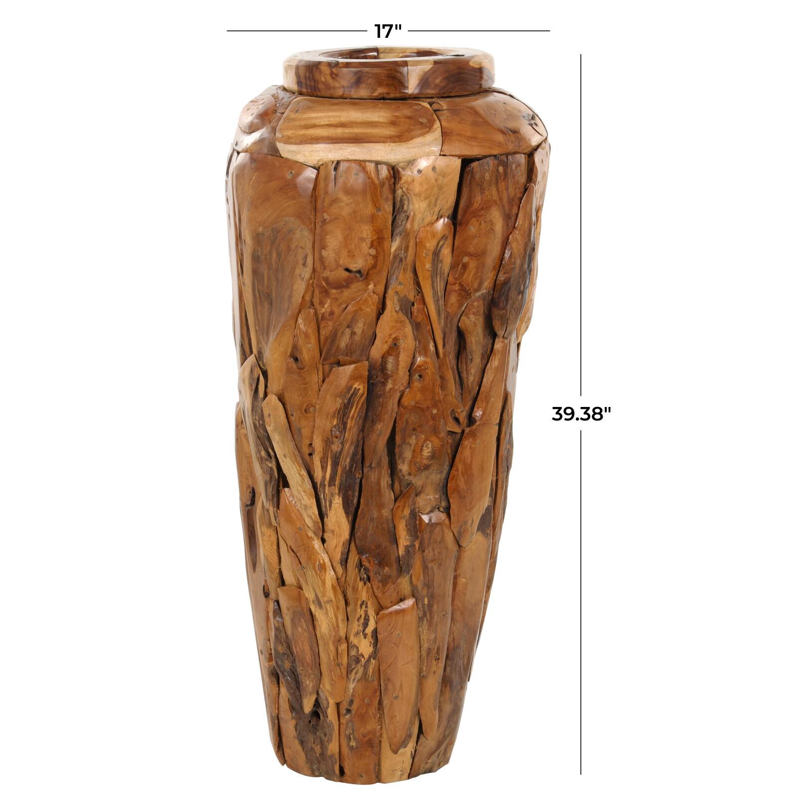 Brown Teak Wood Handmade Tall Floor Vase with Mosaic Live Edge