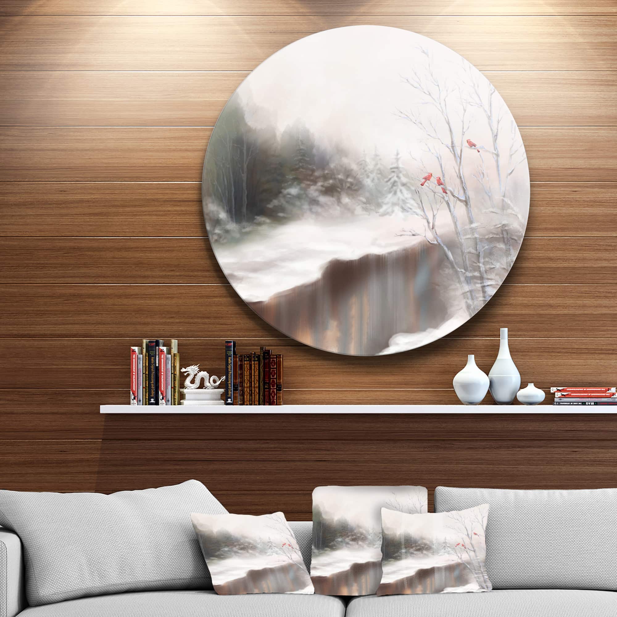 Designart - Snowy Silence' Landscape Metal Circle Wall Art