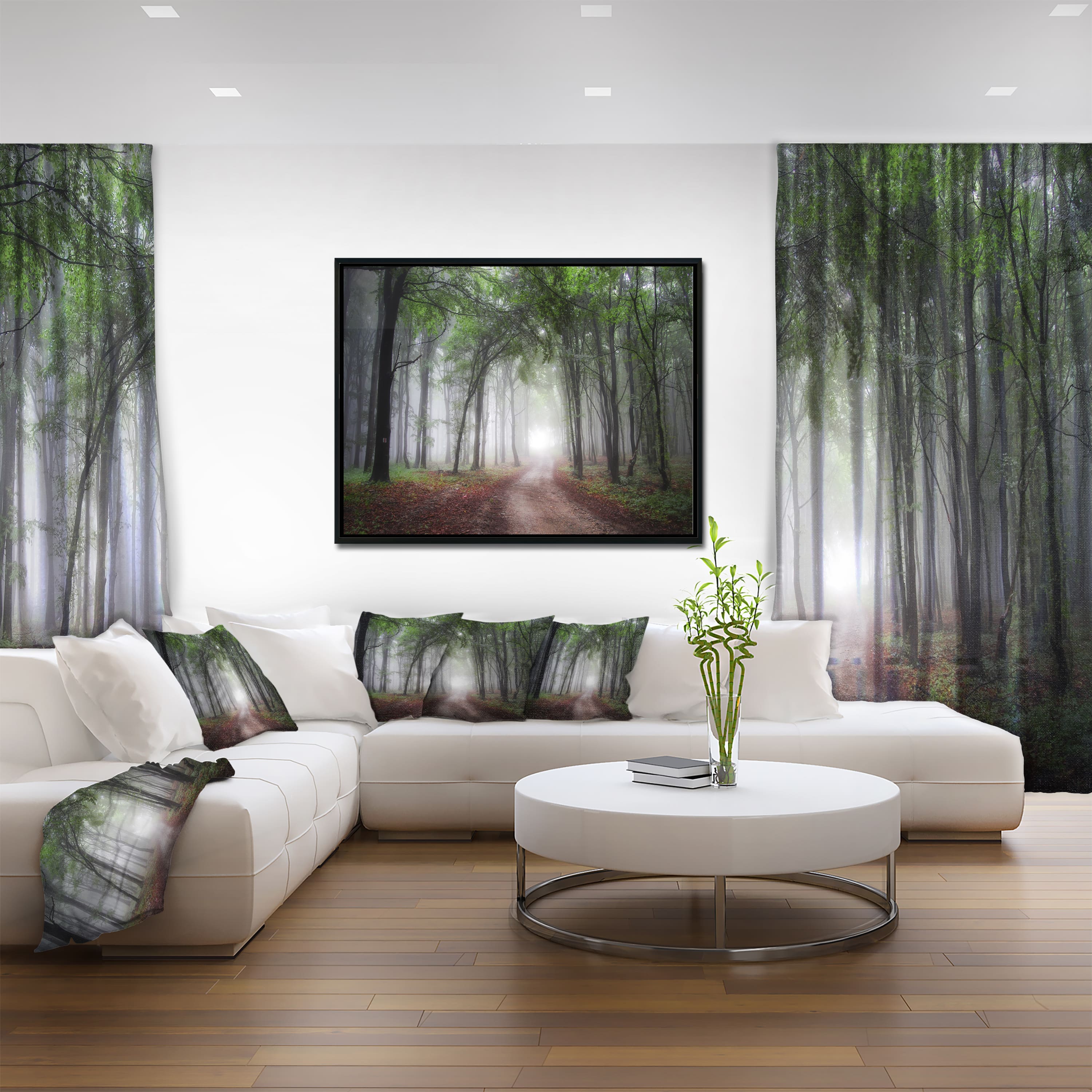 Designart - Light Through Green Fall Forest - Landscape Photography Canvas Print in Black Frame