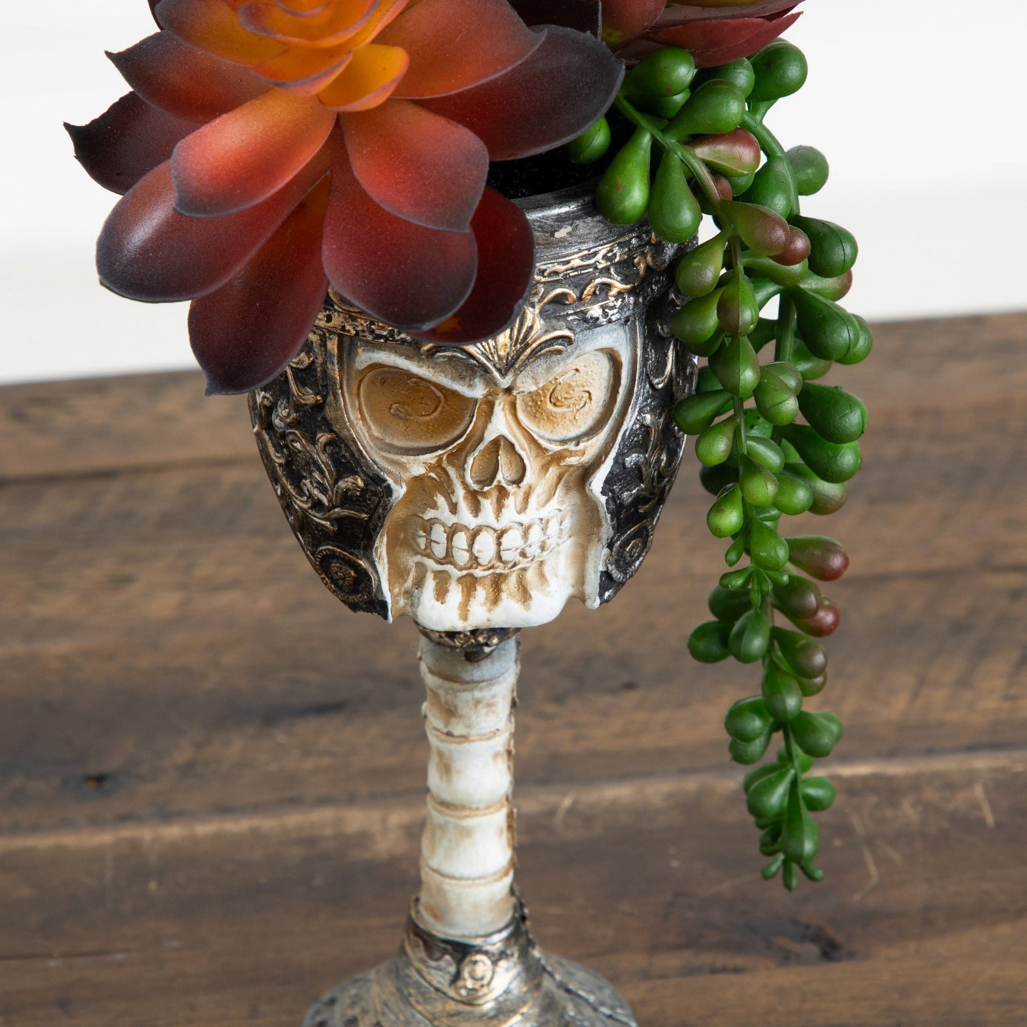 11" Artificial Halloween Succulent Garden in Skull Chalice Planter