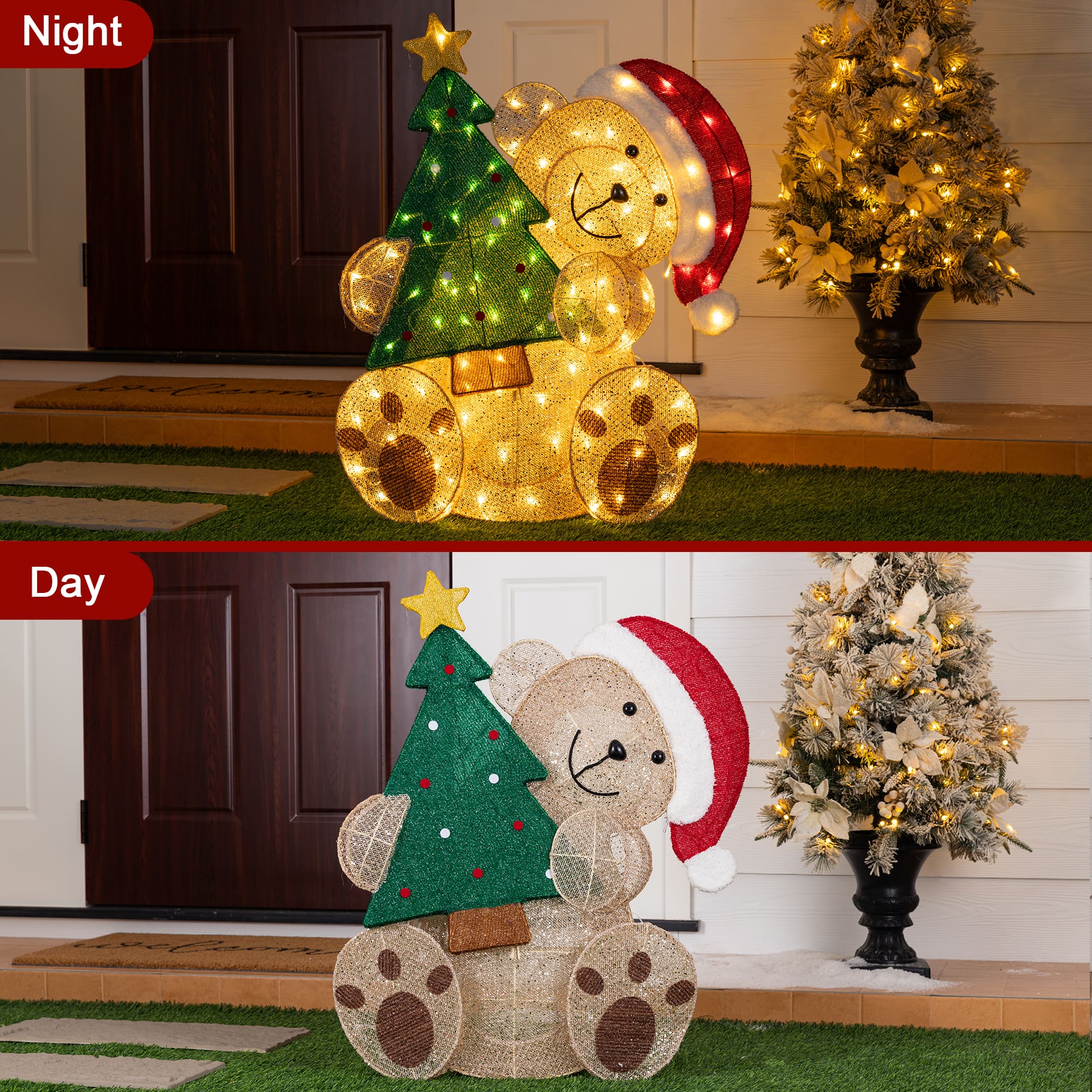 Glitzhome® 34.25" Christmas 3D Glittered Fabric Bear with Tree & 110 Warm White LED Lights