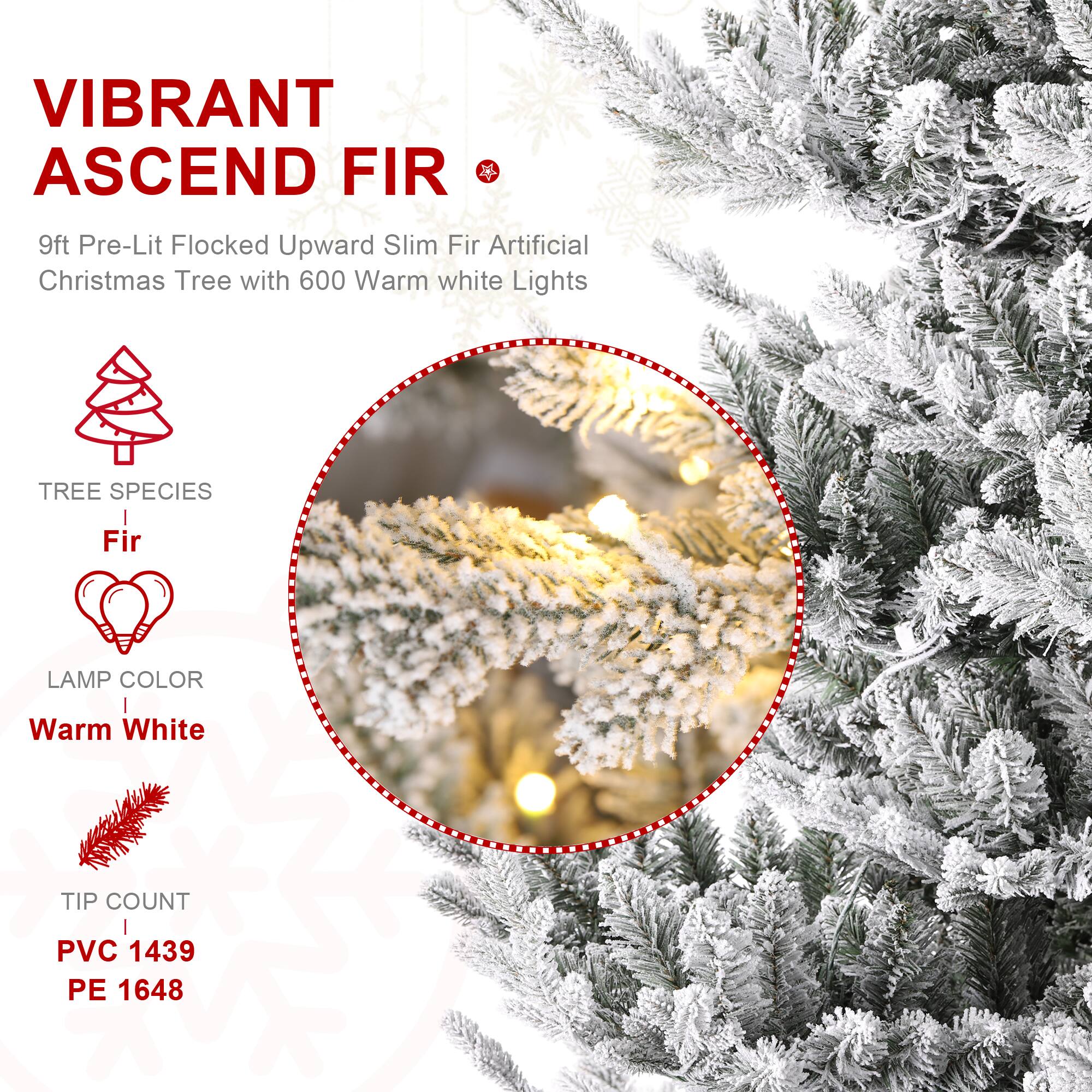 Glitzhome® 9ft Pre-Lit Flocked Upward Slim Fir Artificial Christmas Tree, Warm White LED Lights