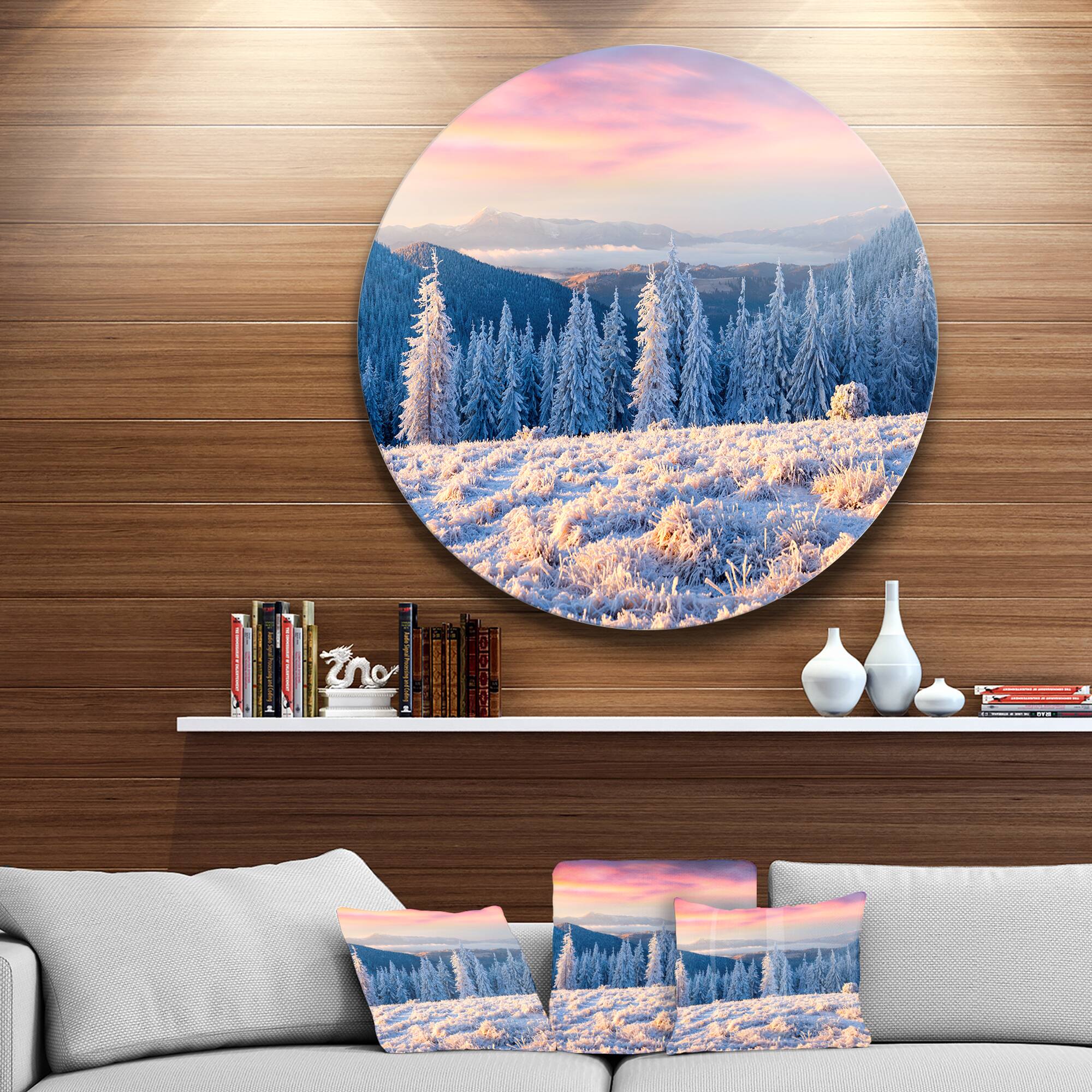 Designart - Amazing Winter Sunrise in Mountains' Large Landscape Metal Circle Wall Art