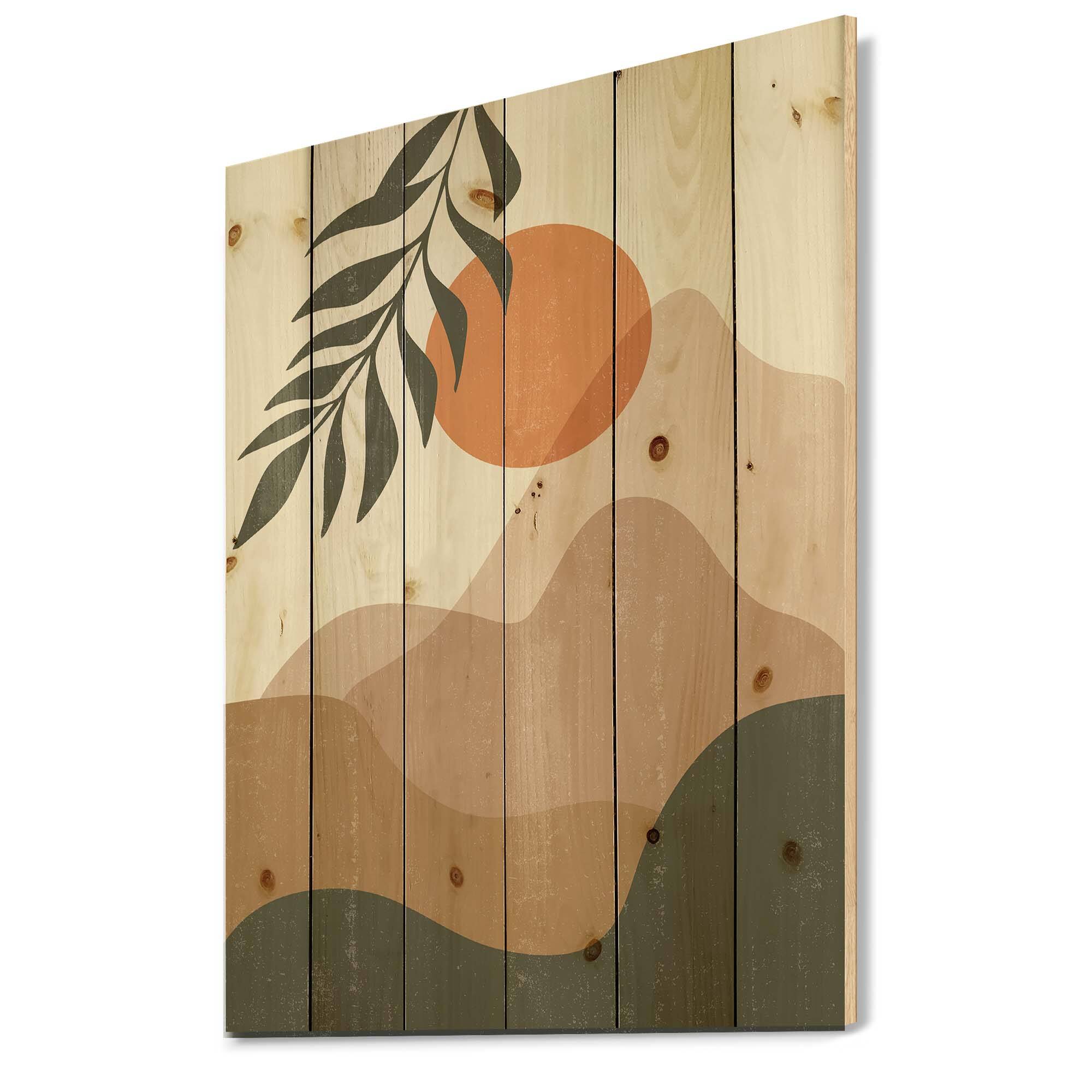 Designart - Abstract Red Moon In Earth Toned Mountains I - Modern Print on Natural Pine Wood