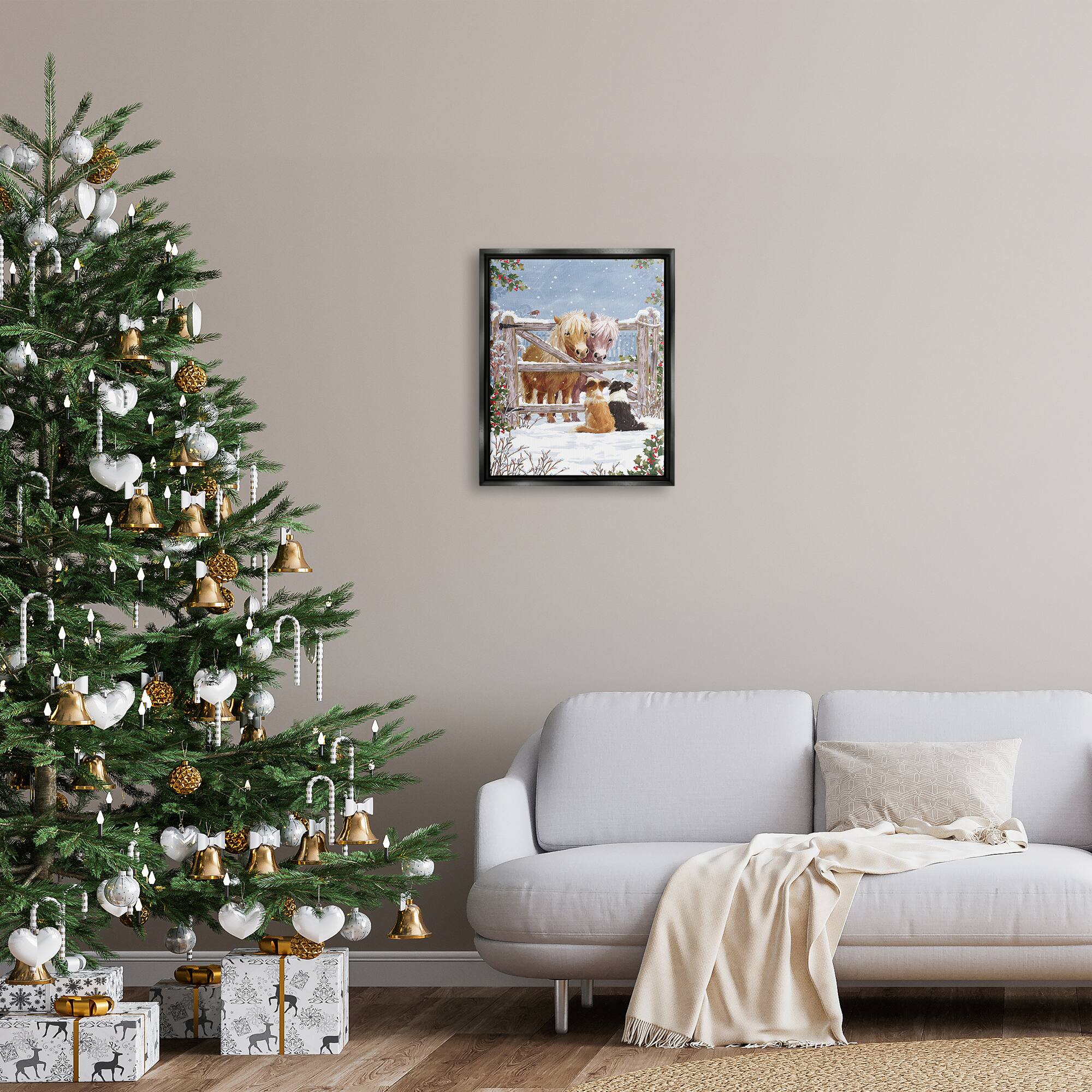 Stupell Industries Ponies & Dogs Winter Farm Scene Framed Floater Canvas Wall Art