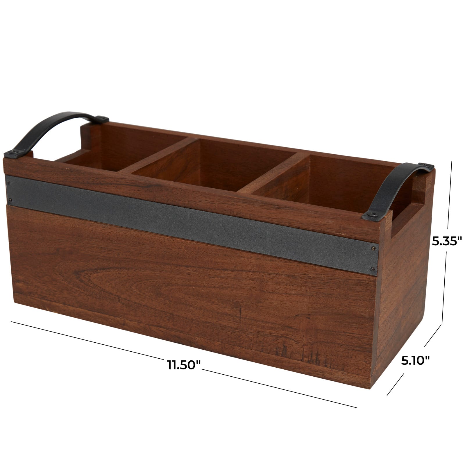 11.5" Brown Wood Modern 3 Section Decorative Tray with Metal Handles