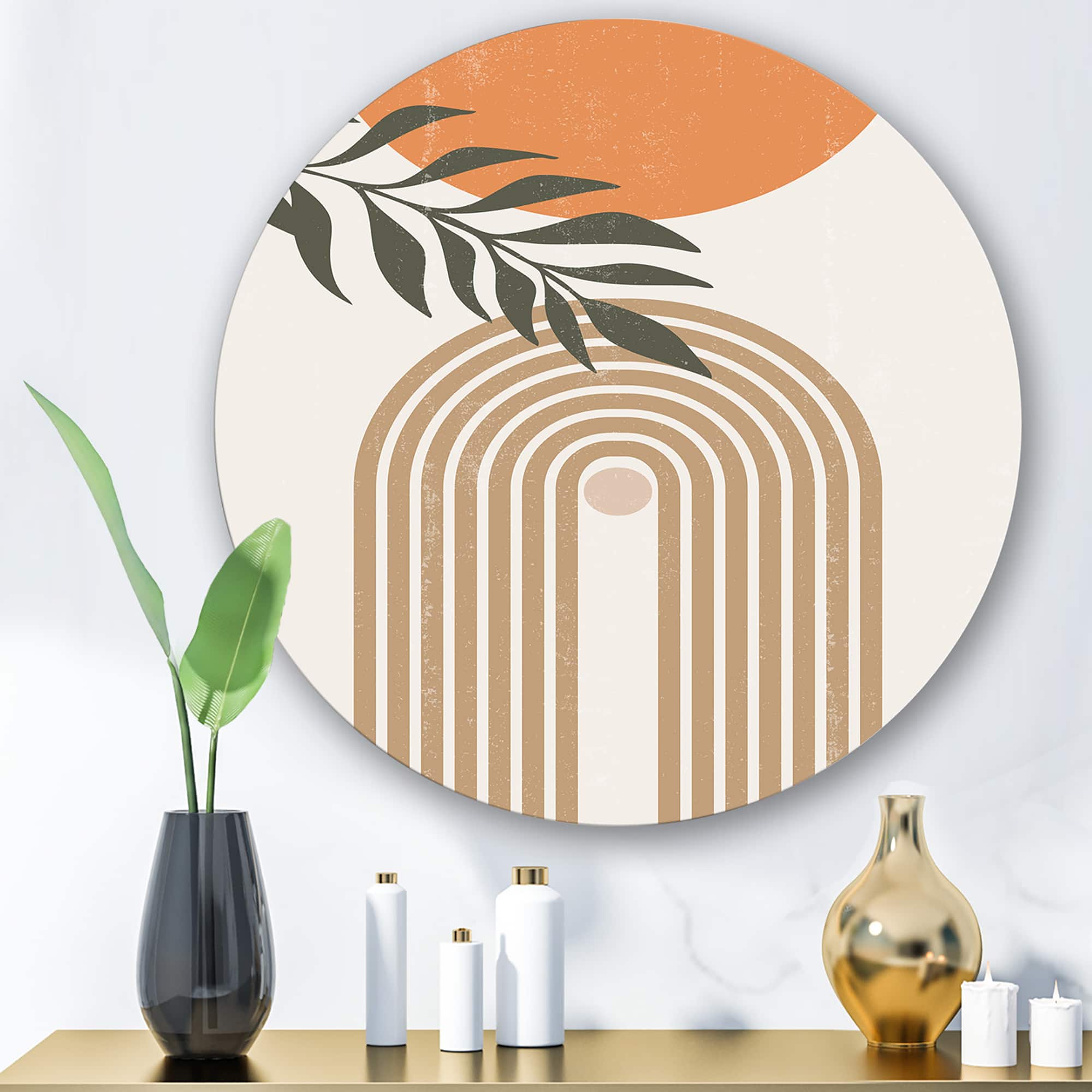 Designart - Abstract Sun Moon Leaves I - Modern Metal Circle Wall Art