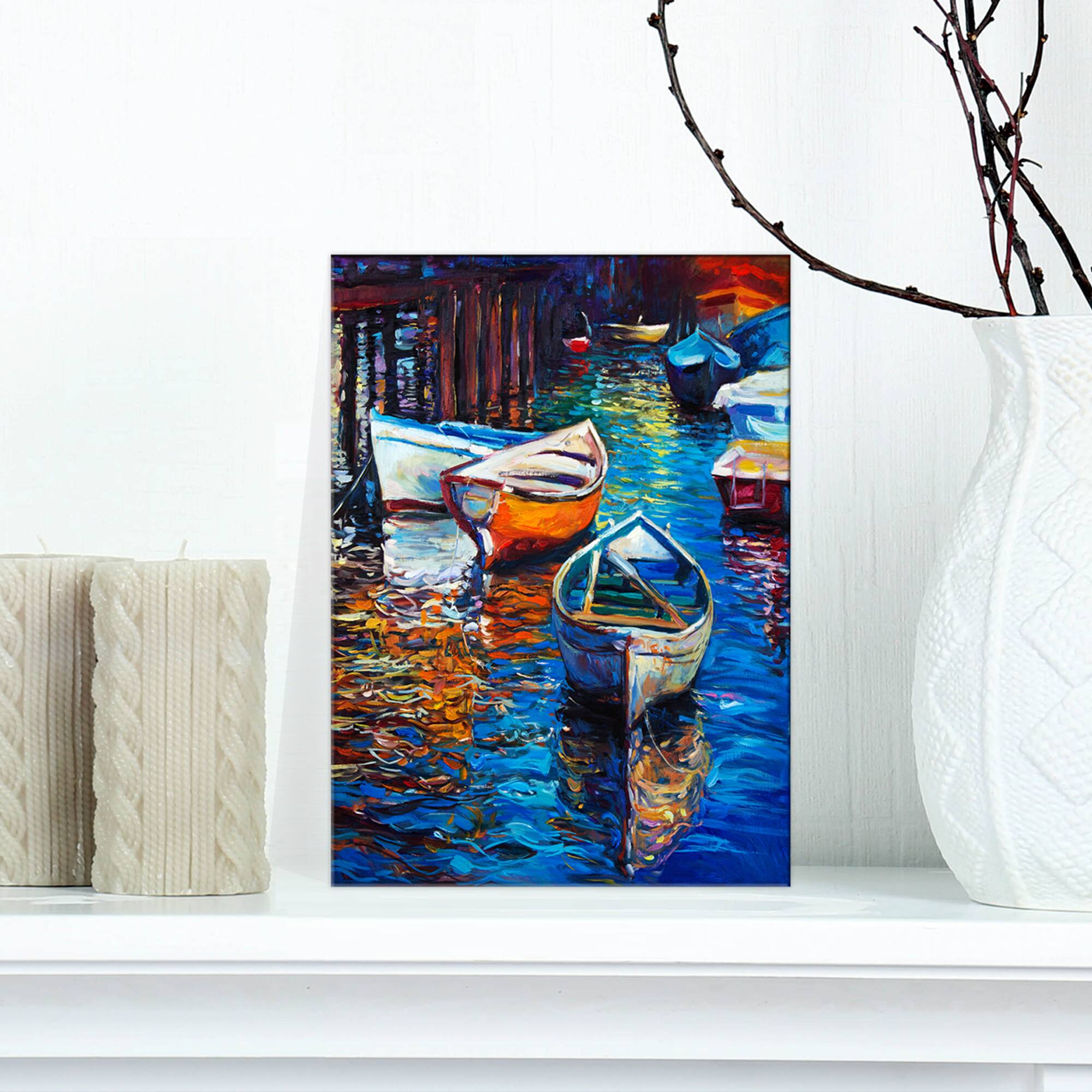Designart - Boat over the lake - Sea & Shore Painting Print on Wrapped Canvas