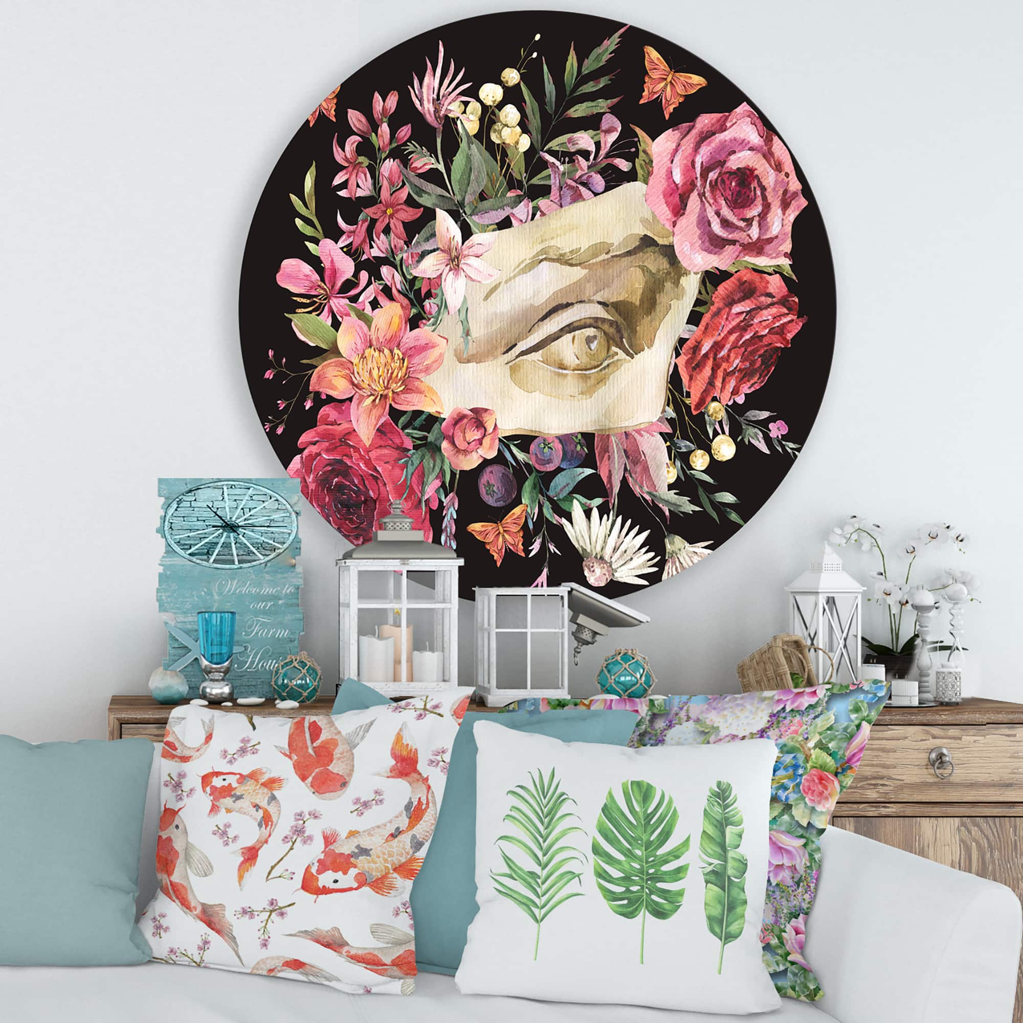 Designart - Greek Sculpture David Eye With Dried Wildflowers - Farmhouse Metal Circle Wall Art