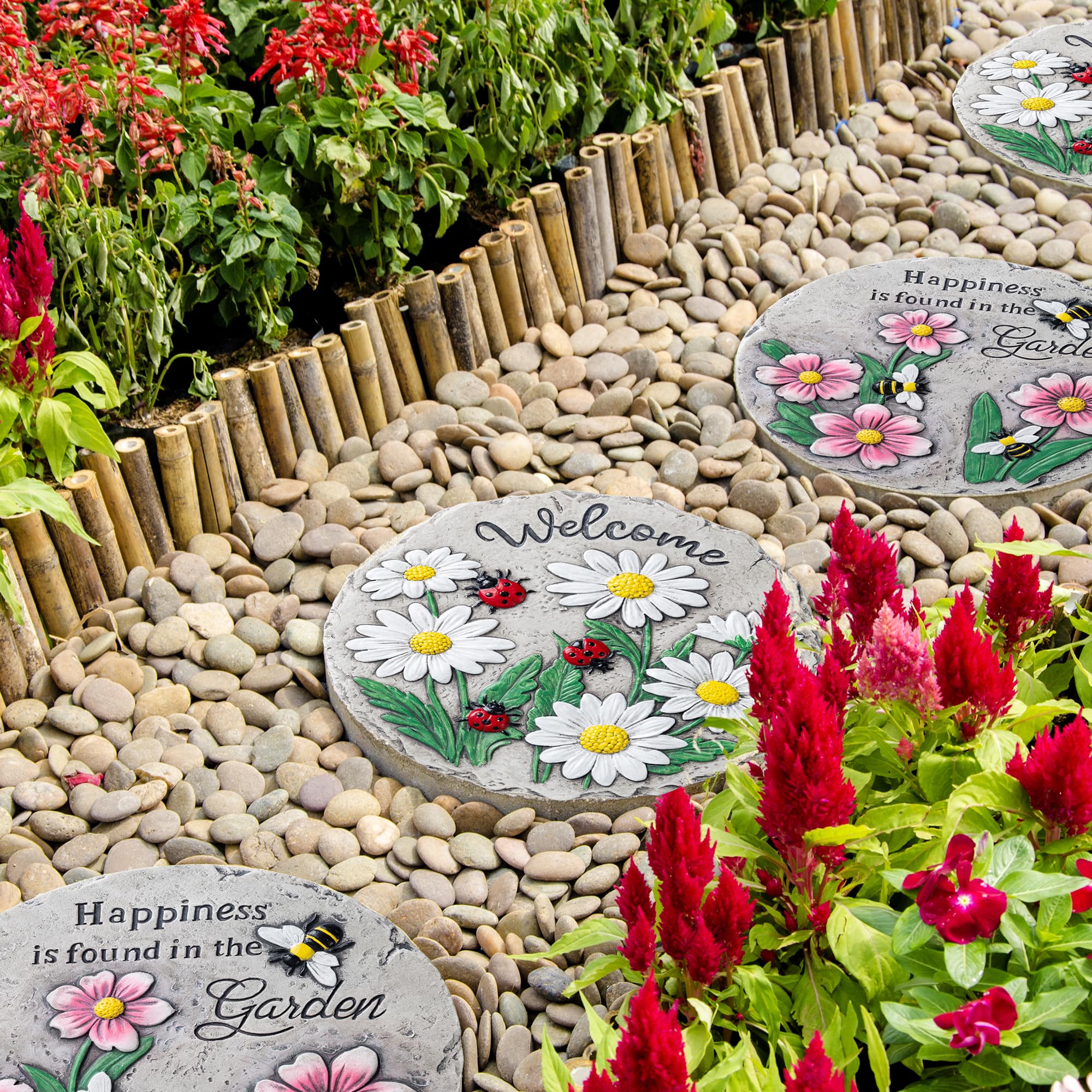 Glitzhome® 10" Set of 2 Cement Ladybug and Bee Flower Textured Stepping Stones