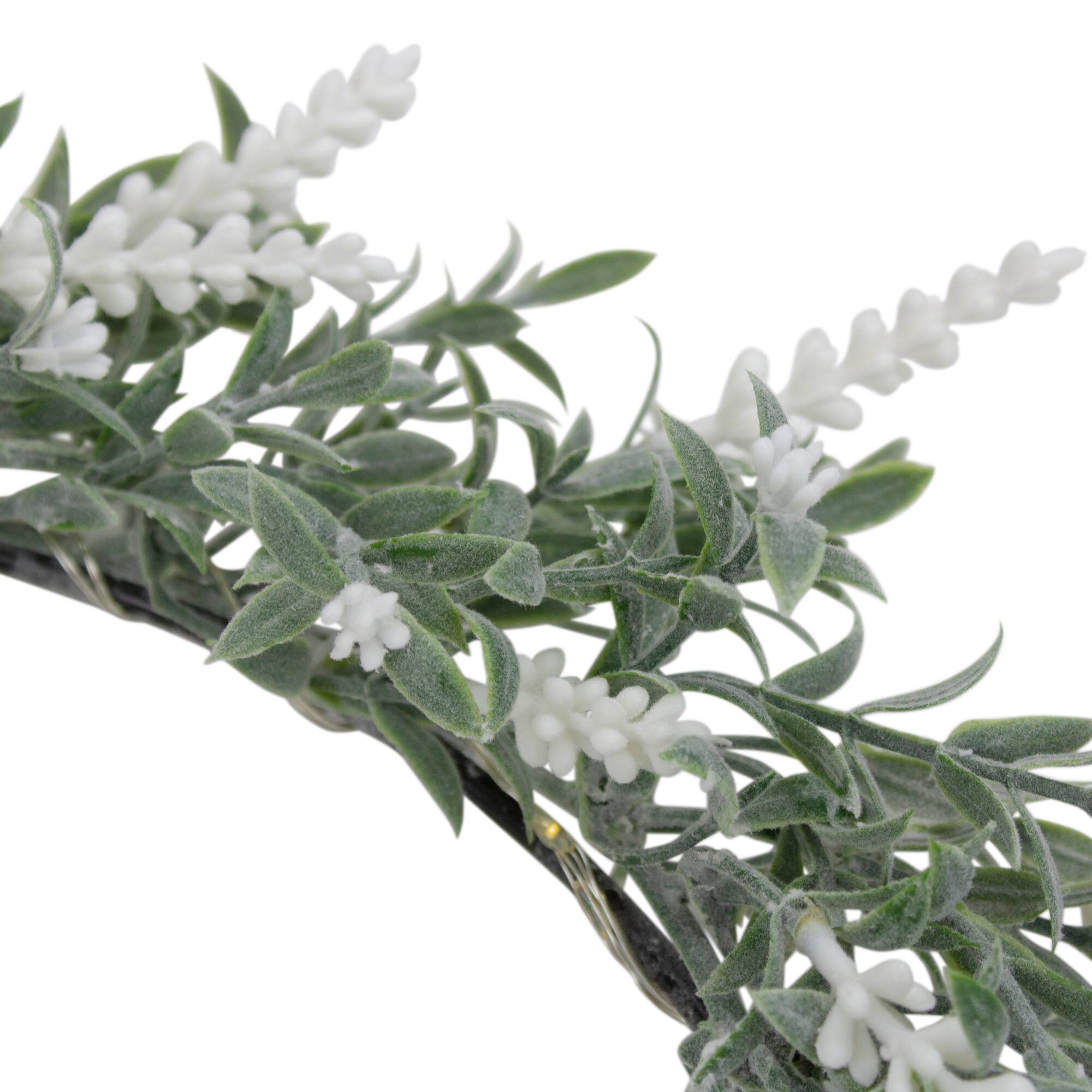 16" White LED Lighted White Lavender Artificial Spring Wreath