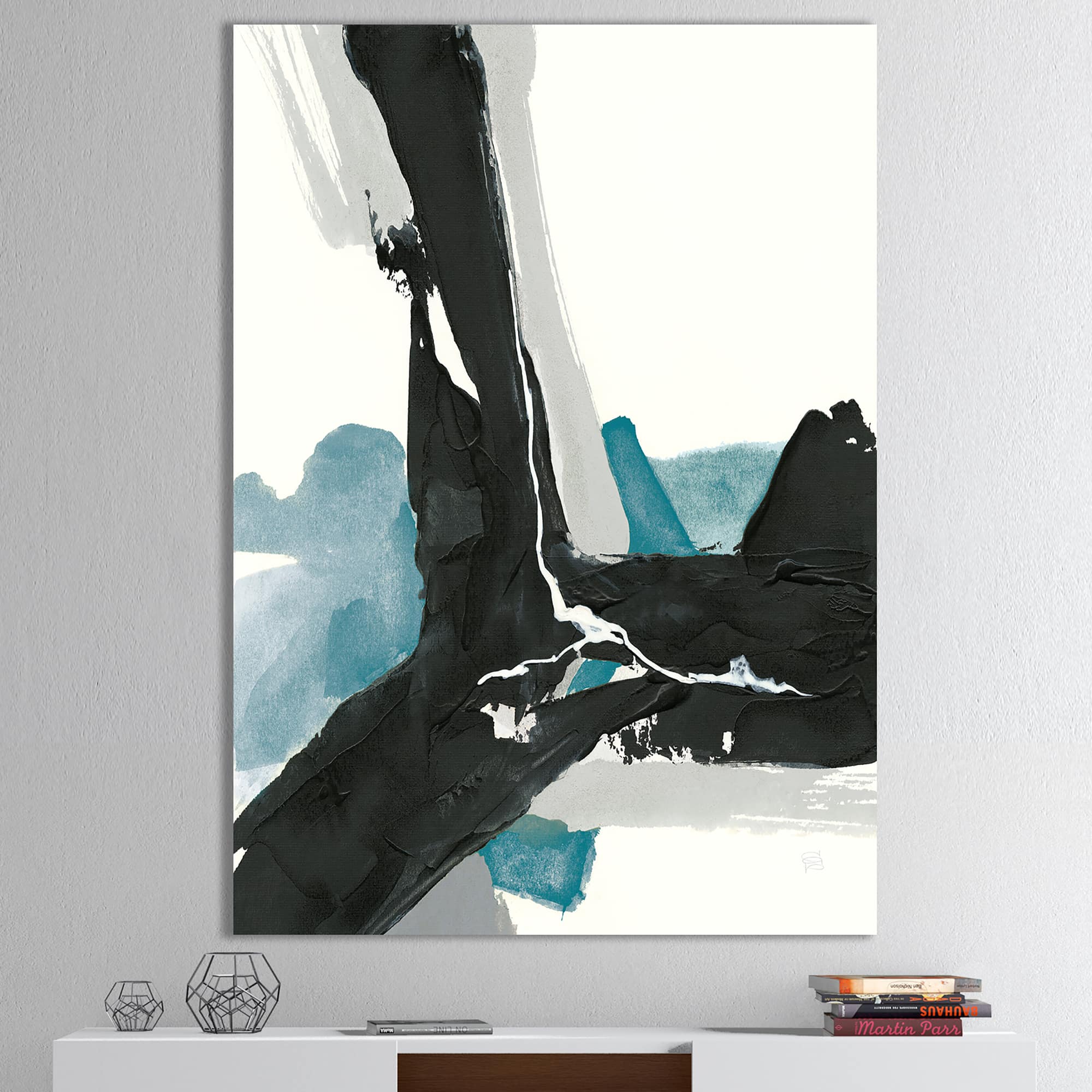 Designart - Geometric Black and Teal III - Modern & Contemporary Canvas Artwork