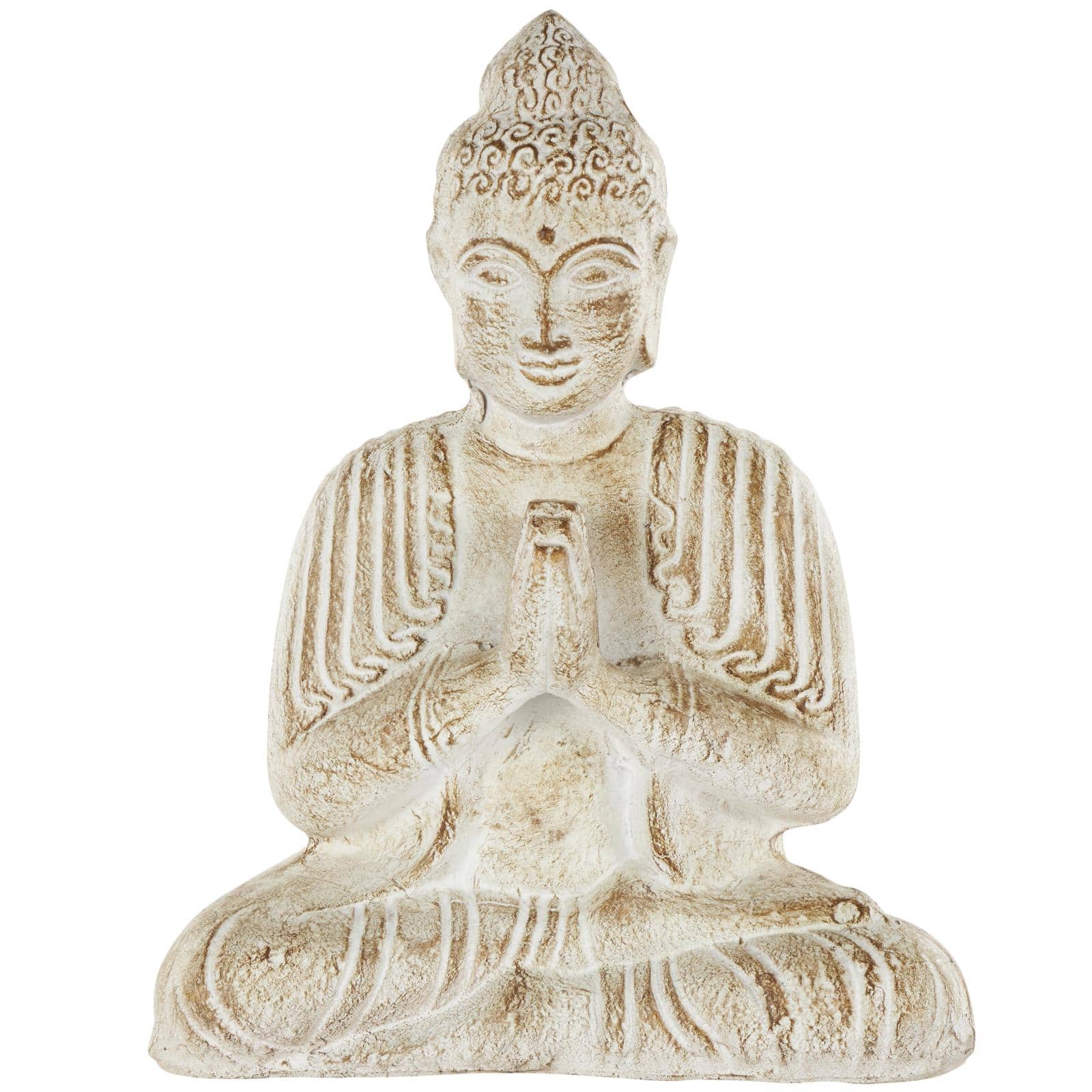 16" Cream & Brown Distressed Handmade Paper Mache Buddha Sculpture