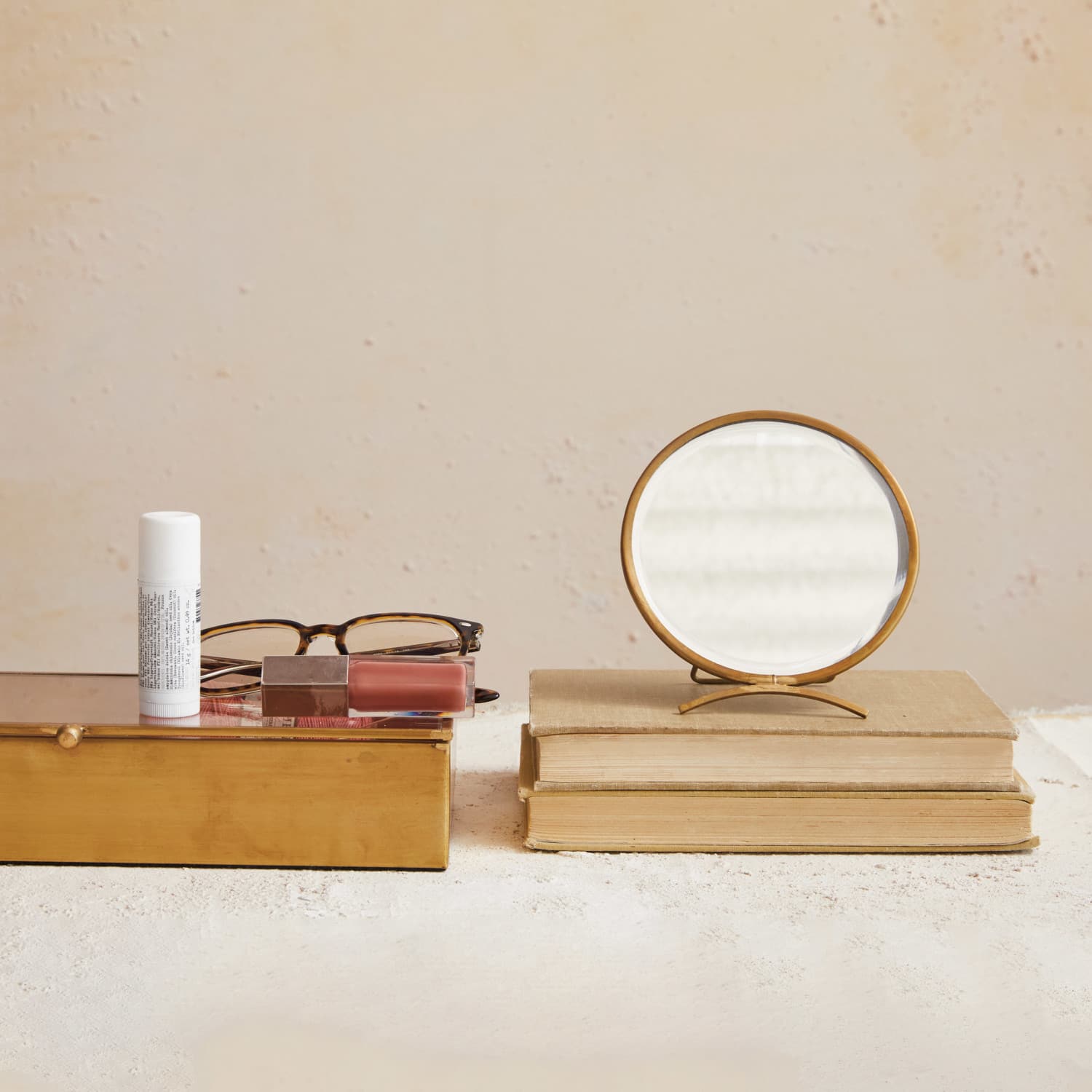 Hello Honey® 5.5" Gold Brass Round Mirror On Stand in Antique Finish