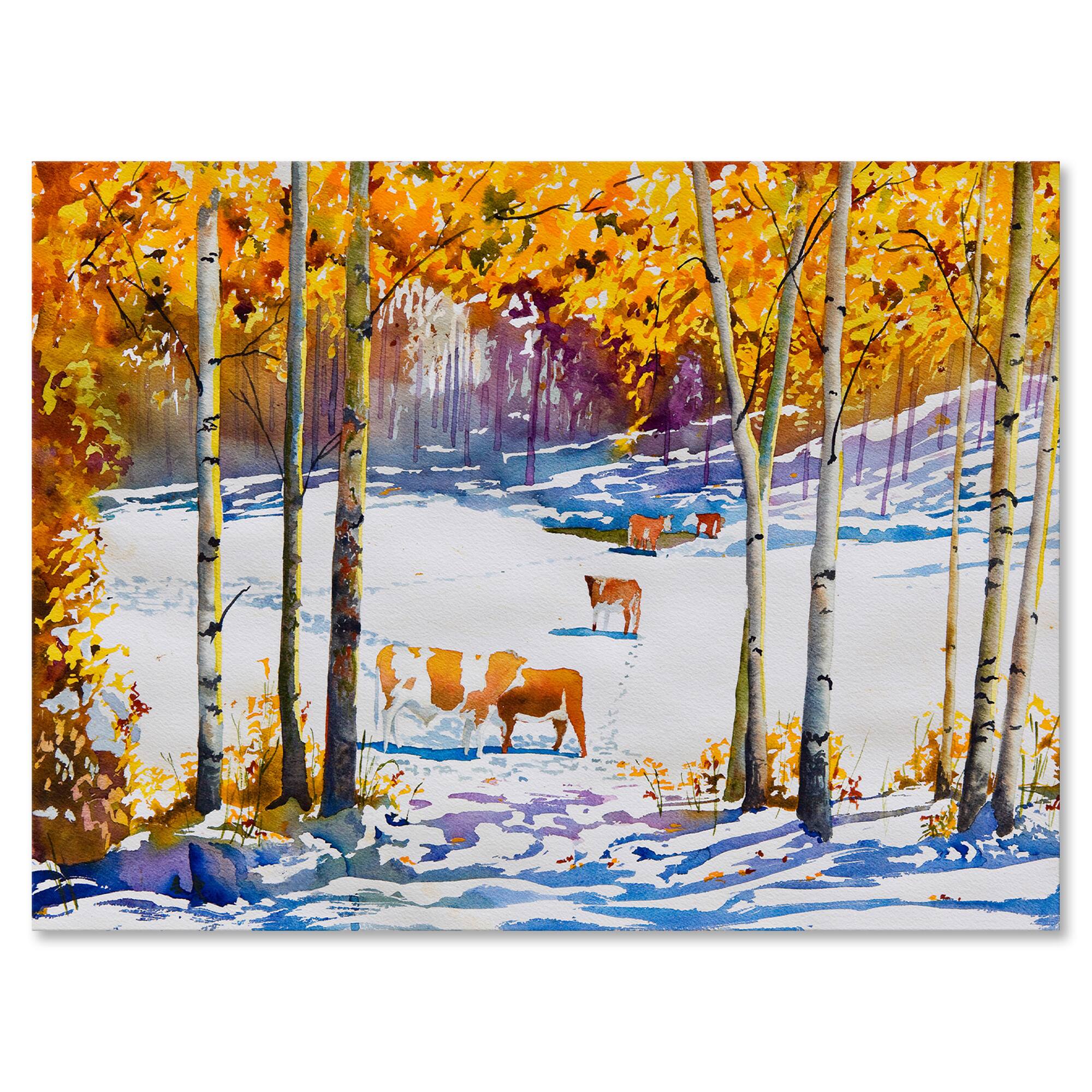 Designart - Cattle In The Early Snow In The Forest - Farmhouse Canvas Wall Art Print