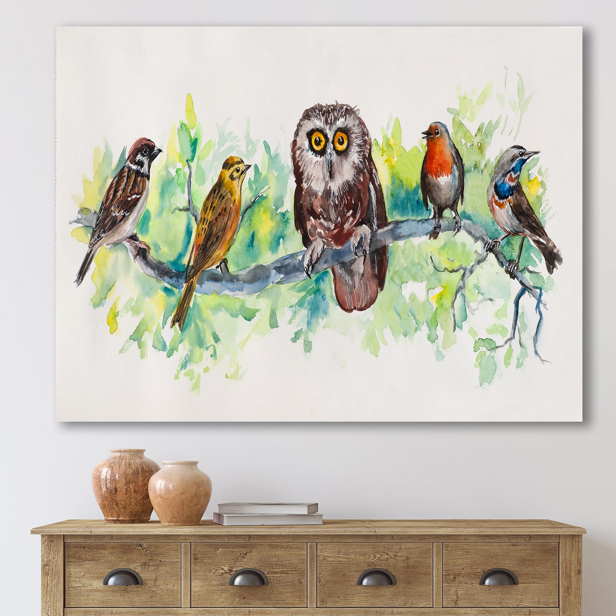 Designart - Owl On A Branch With Bird Friends