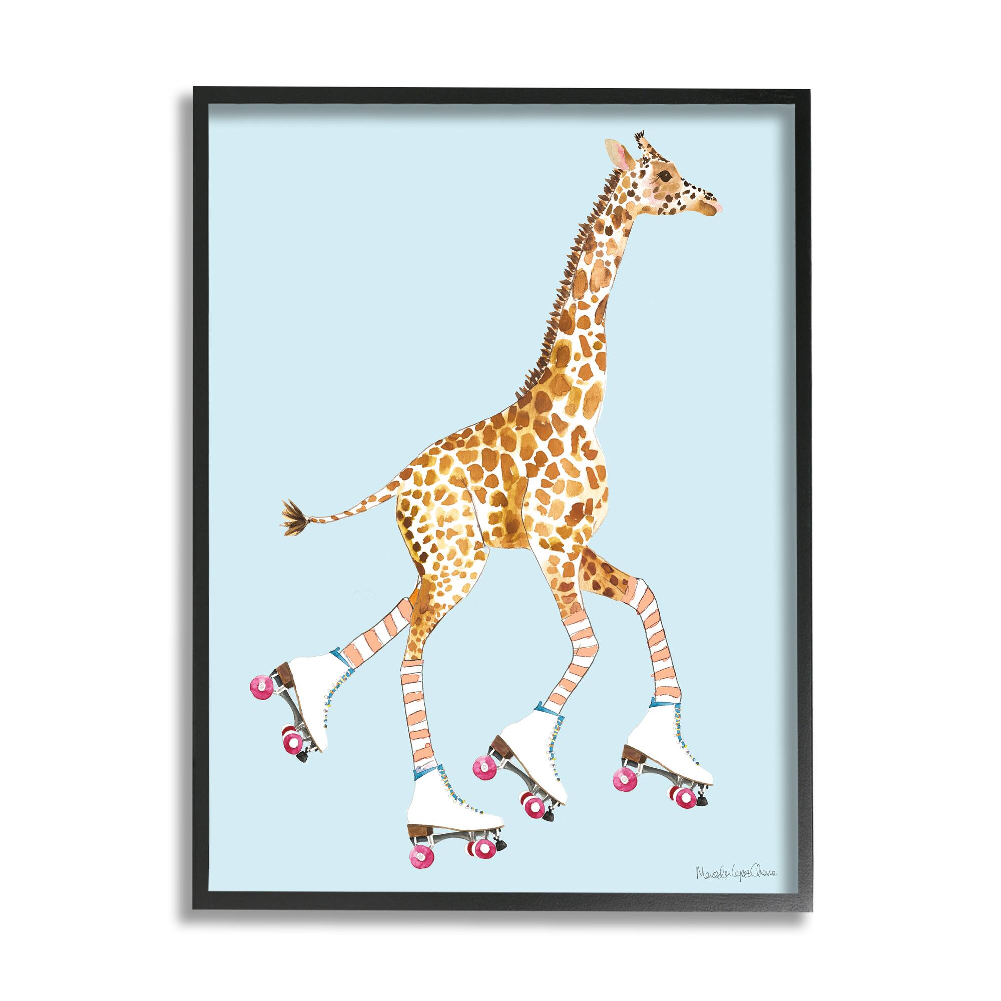 Stupell Industries Funky Giraffe Roller Skates Pink Wheels Striped Socks Framed Wall Art