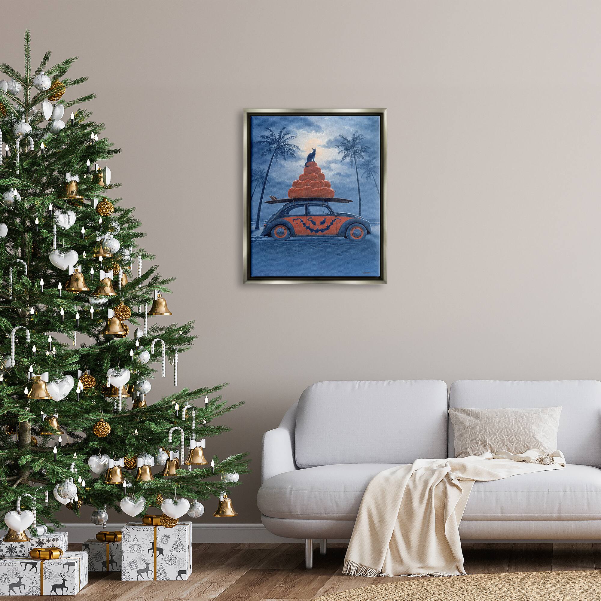 Stupell Industries Spooky Tropical Beach Pumpkin Car Framed Floater Canvas Wall Art