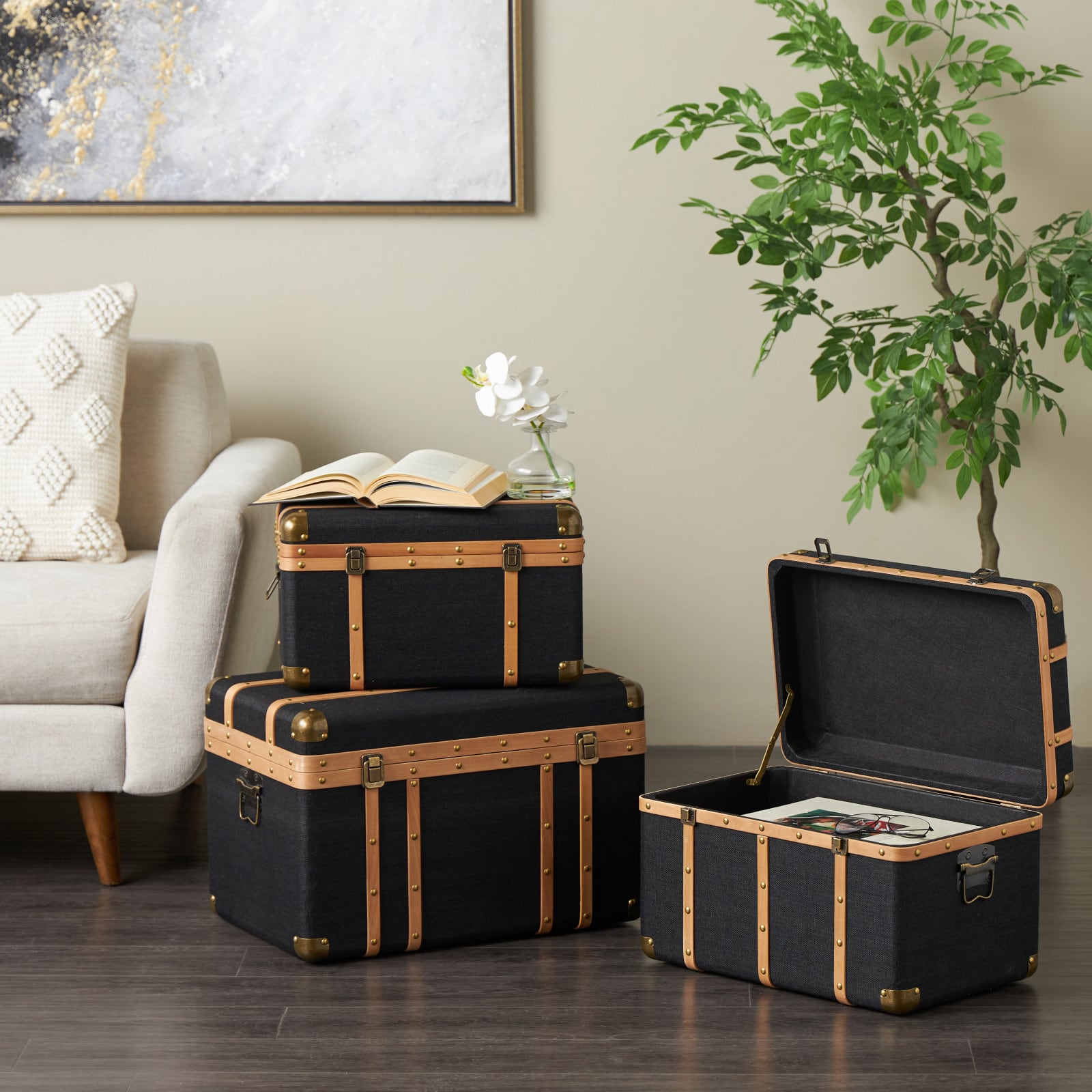 Black Fabric Decorative Trunk Set with Brass Metal Latches