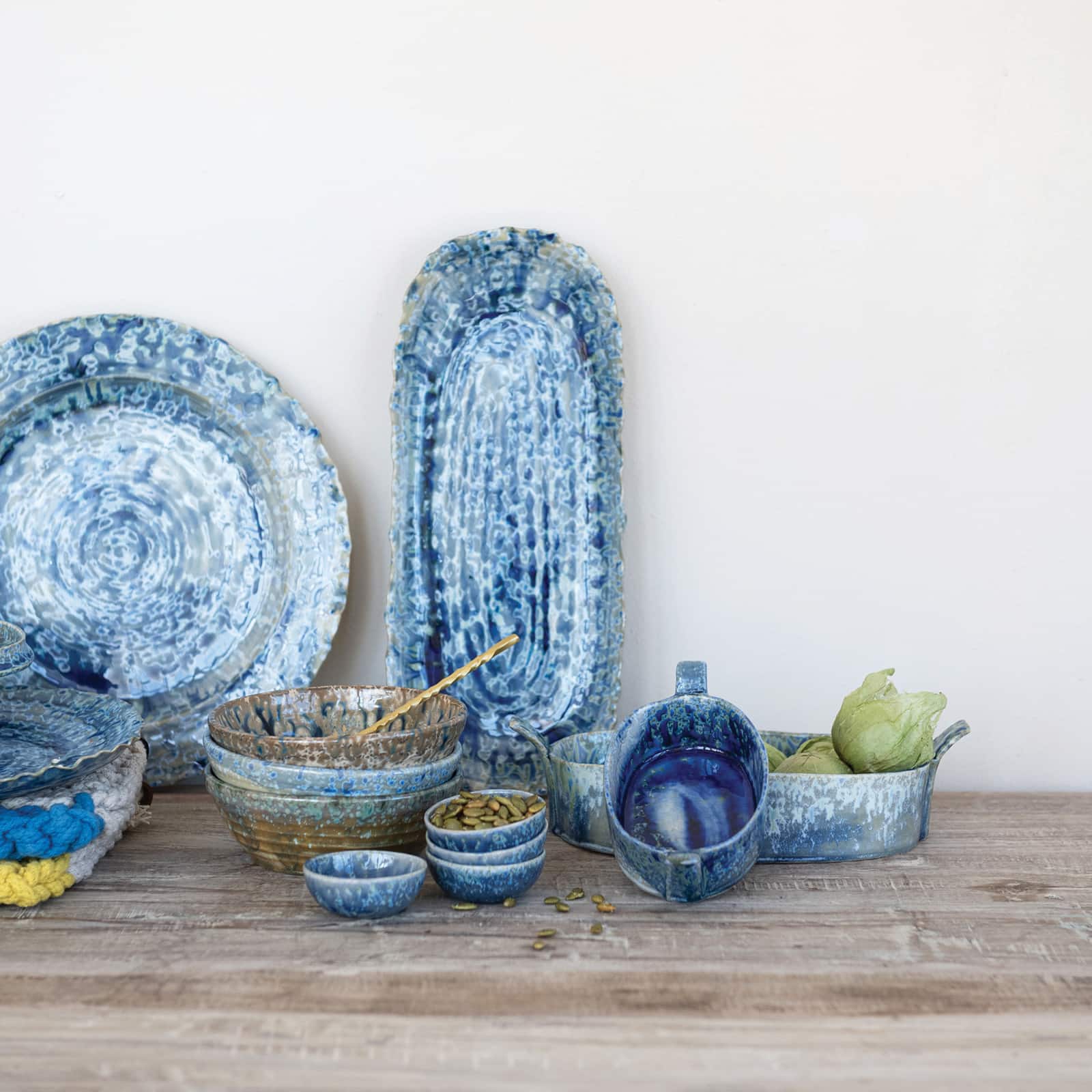 Hello Honey Stoneware Organic Shaped Platter with Reactive Crackle Glaze, Blue, Set of 2