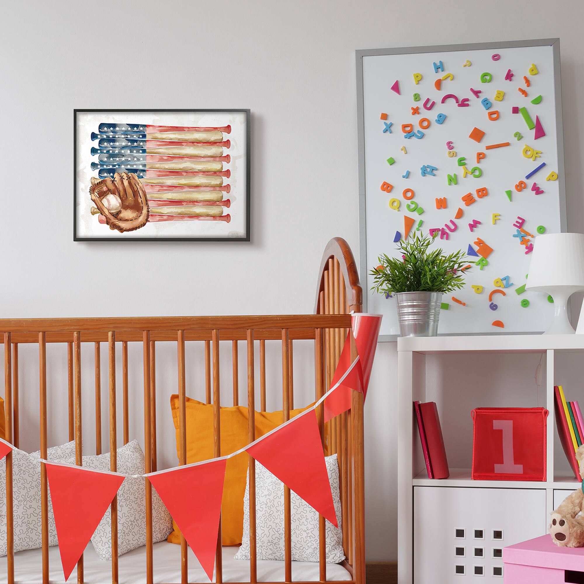 Stupell Industries American Baseball Flag Children's Sports Mitt Framed Wall Art