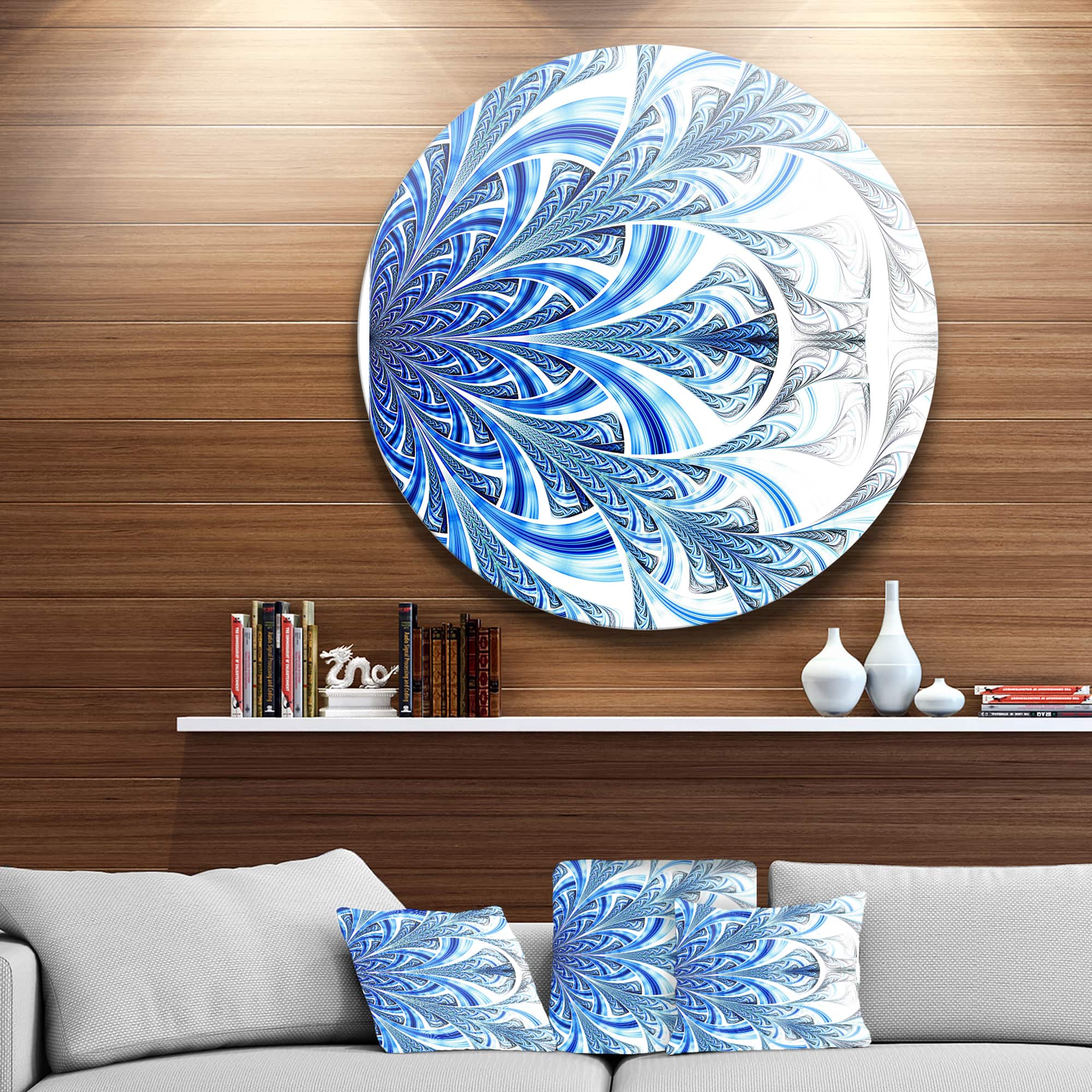 Designart - Fractal Flower in Soft Blue Digital Art' Floral Metal Circle Wall Art