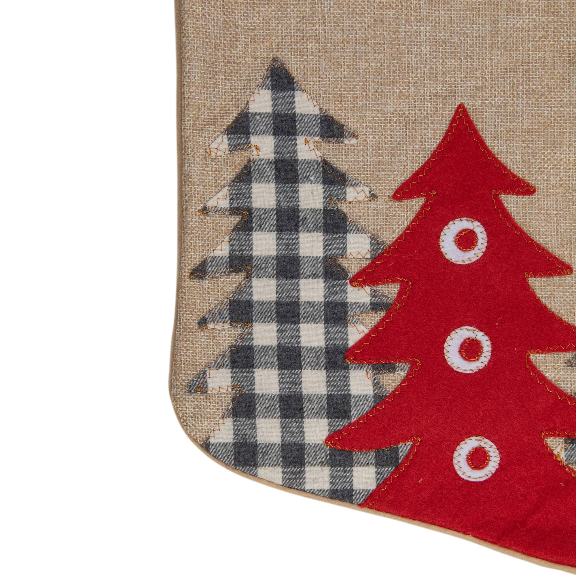 19" Beige & Red Burlap Happy Holidays Forest Trees Christmas Stocking